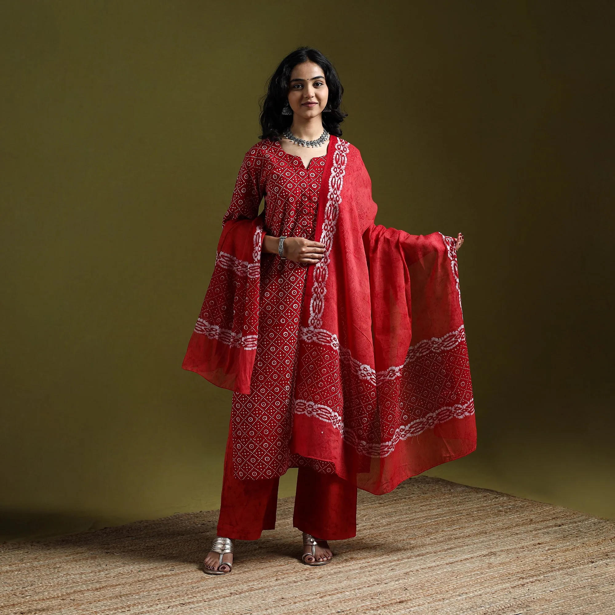 Red - Hand Block Batik Print Cotton Suit Set with Dupatta for women 06 sold by Itokri
