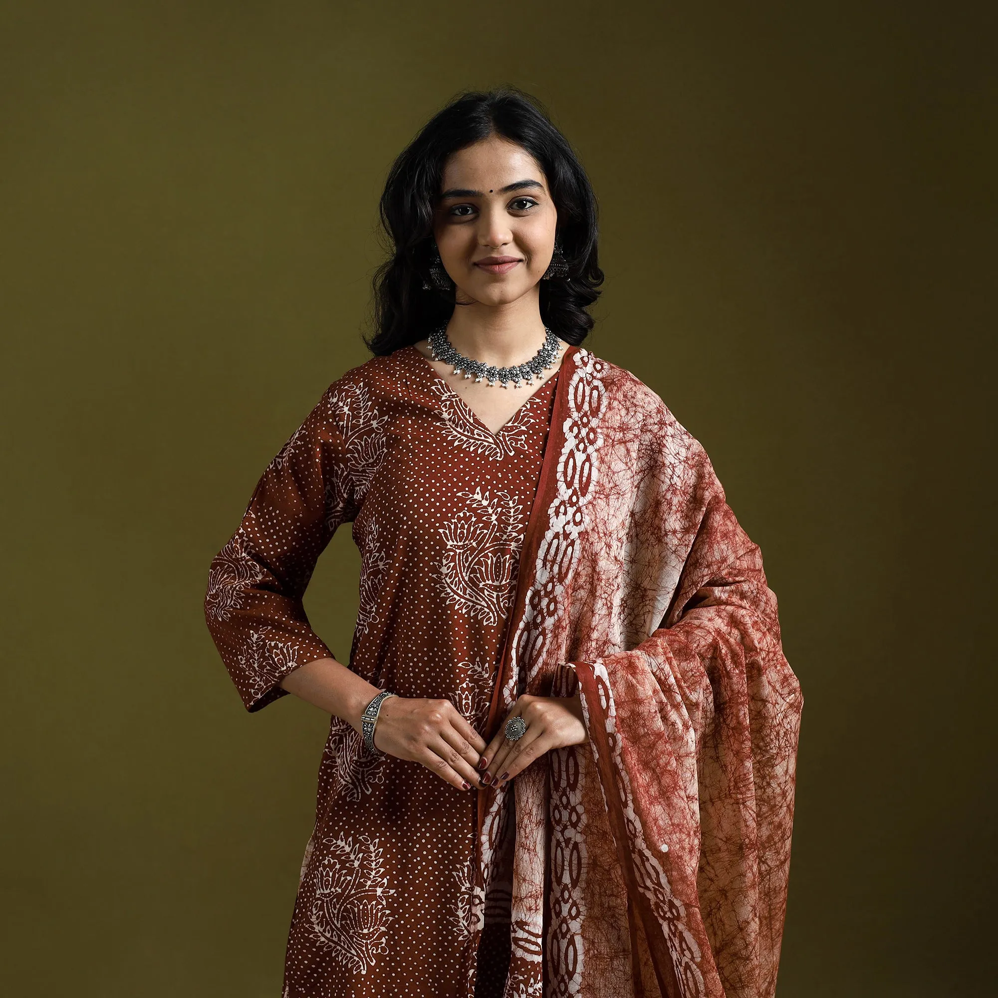 Brown - Hand Block Batik Print Cotton Suit Set with Dupatta for women 05 sold by Itokri product image thumbnail 3