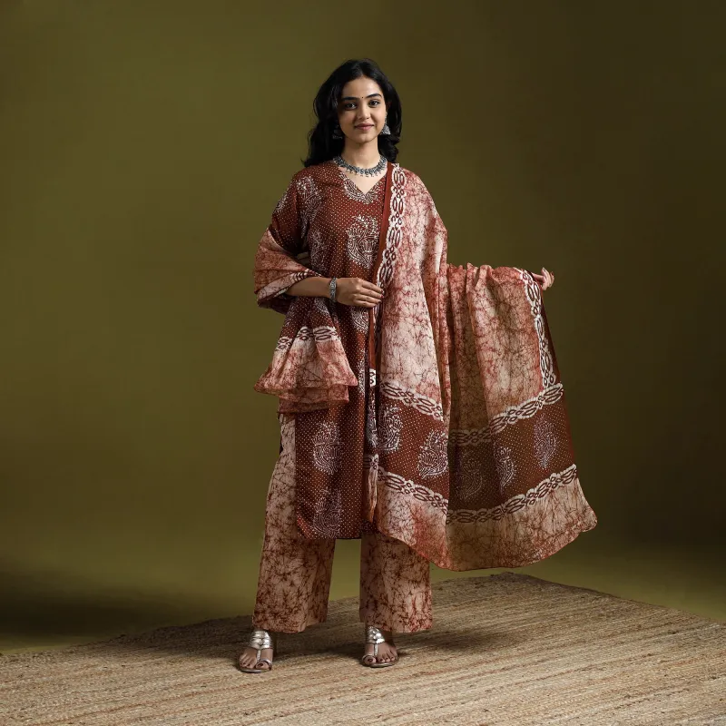 Brown - Hand Block Batik Print Cotton Suit Set with Dupatta for women 05 made by Itokri