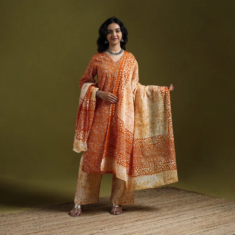 Orange - Hand Block Batik Print Cotton Suit Set with Dupatta for women 04 made by Itokri