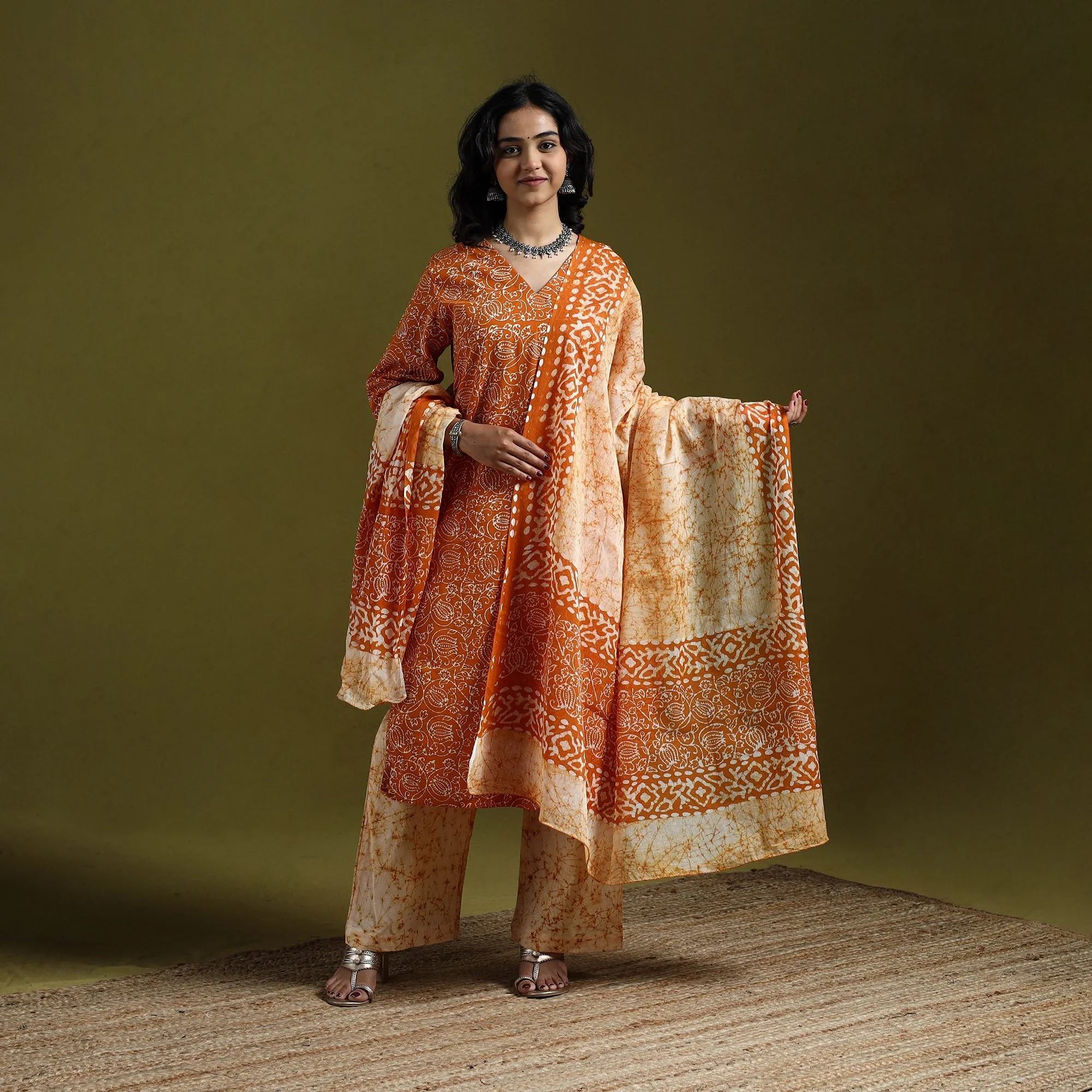 Orange - Hand Block Batik Print Cotton Suit Set with Dupatta for women 04 sold by Itokri