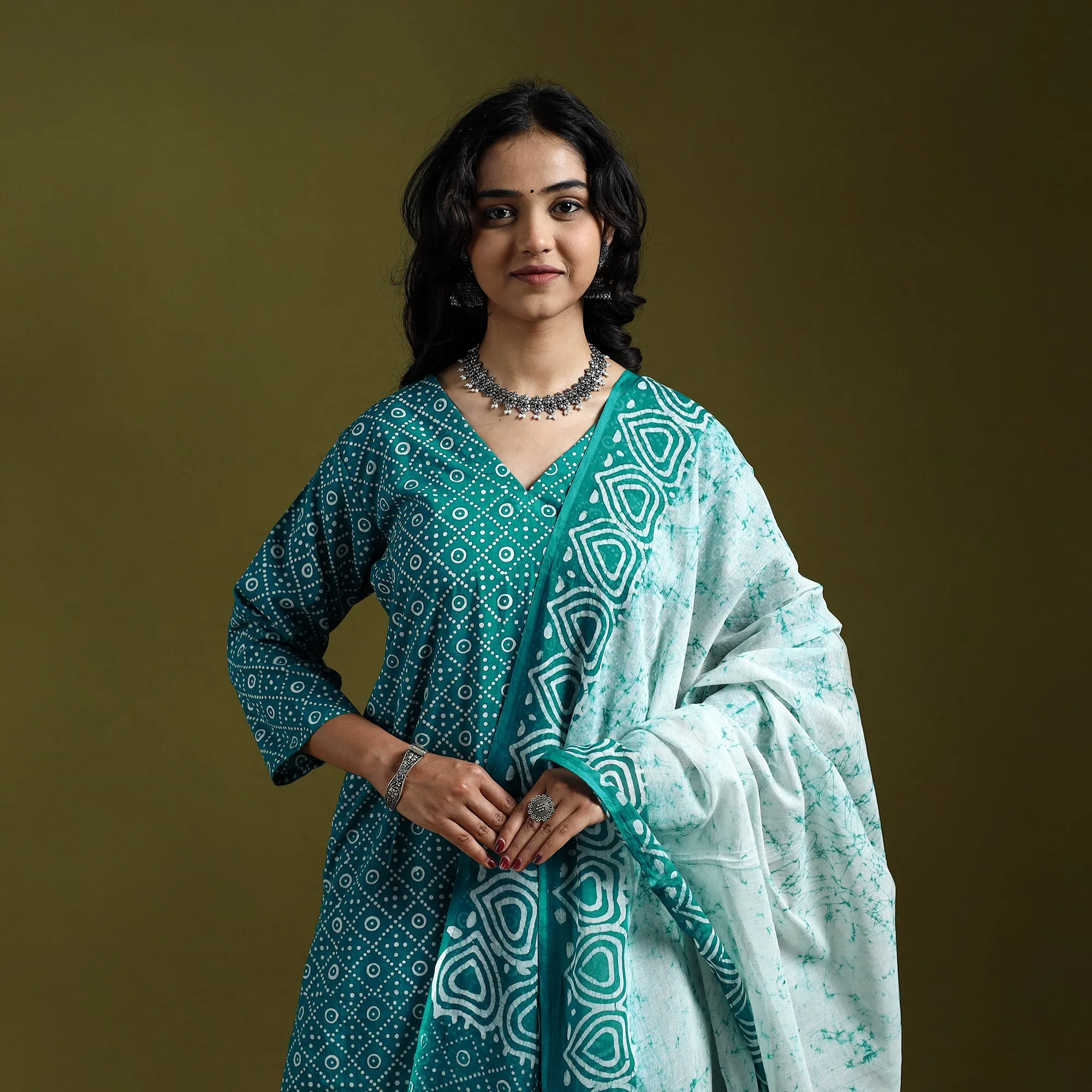 Green - Hand Block Batik Print Cotton Suit Set with Dupatta for women 03 sold by Itokri product image thumbnail 3