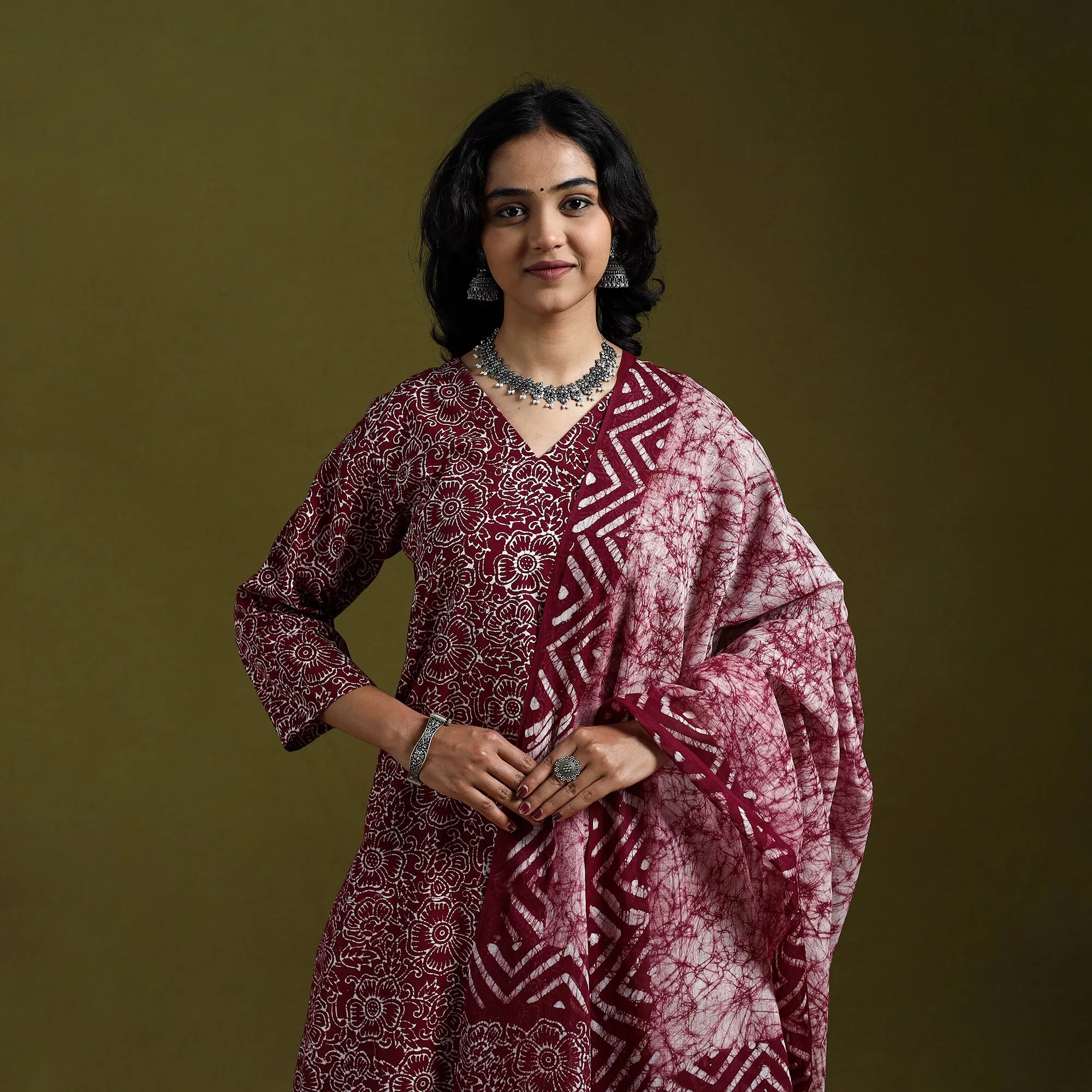 Maroon - Hand Block Batik Print Cotton Suit Set with Dupatta for women 02 sold by Itokri product image thumbnail 3