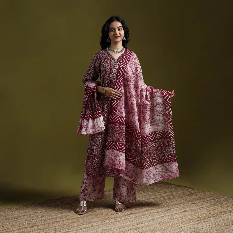 Maroon - Hand Block Batik Print Cotton Suit Set with Dupatta for women 02 made by Itokri