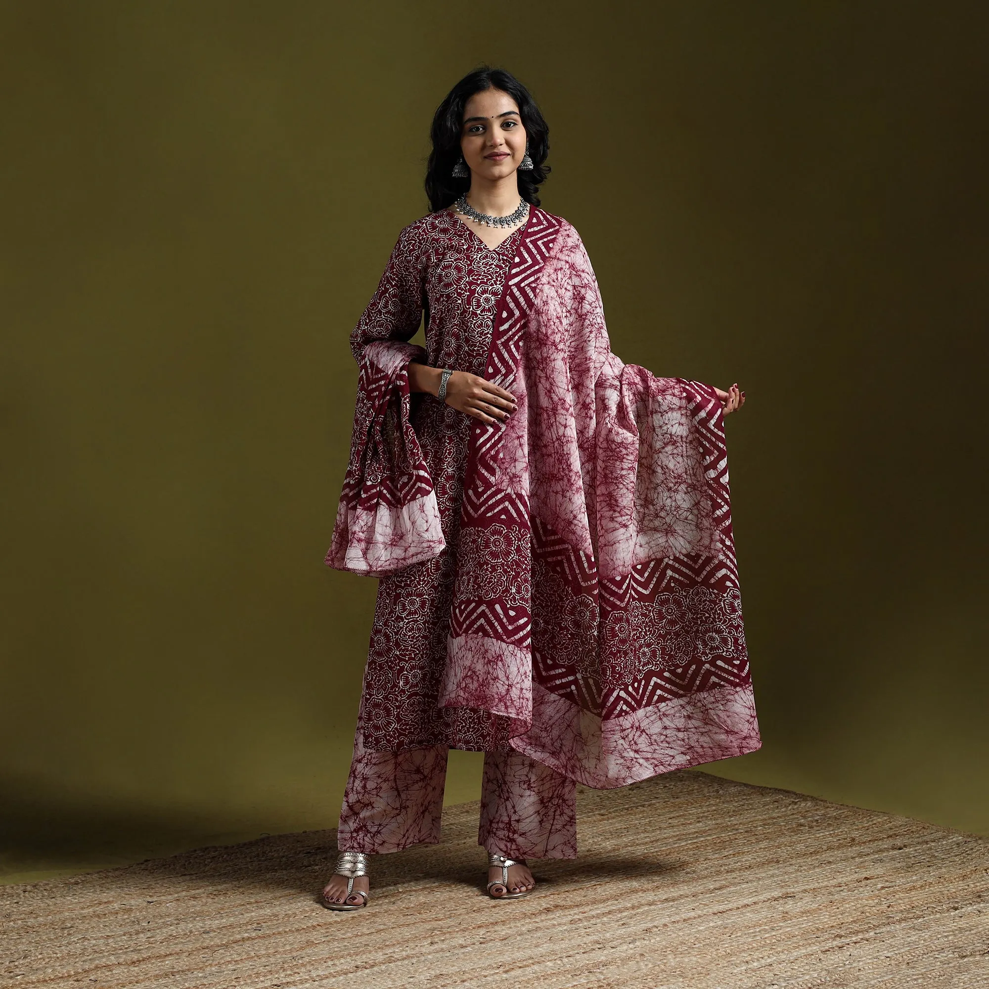 Maroon - Hand Block Batik Print Cotton Suit Set with Dupatta for women 02 sold by Itokri