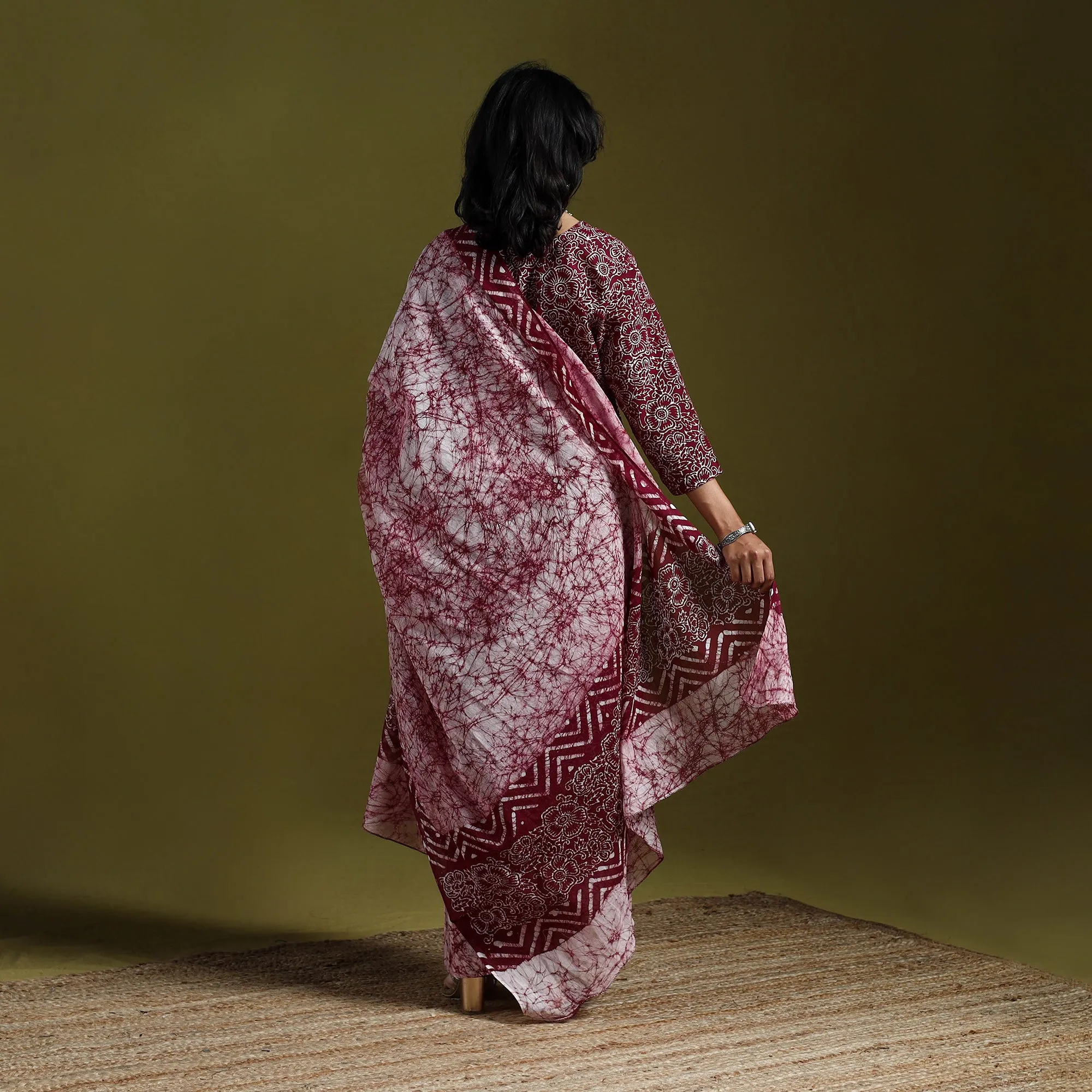 Maroon - Hand Block Batik Print Cotton Suit Set with Dupatta for women 02 sold by Itokri product image thumbnail 5