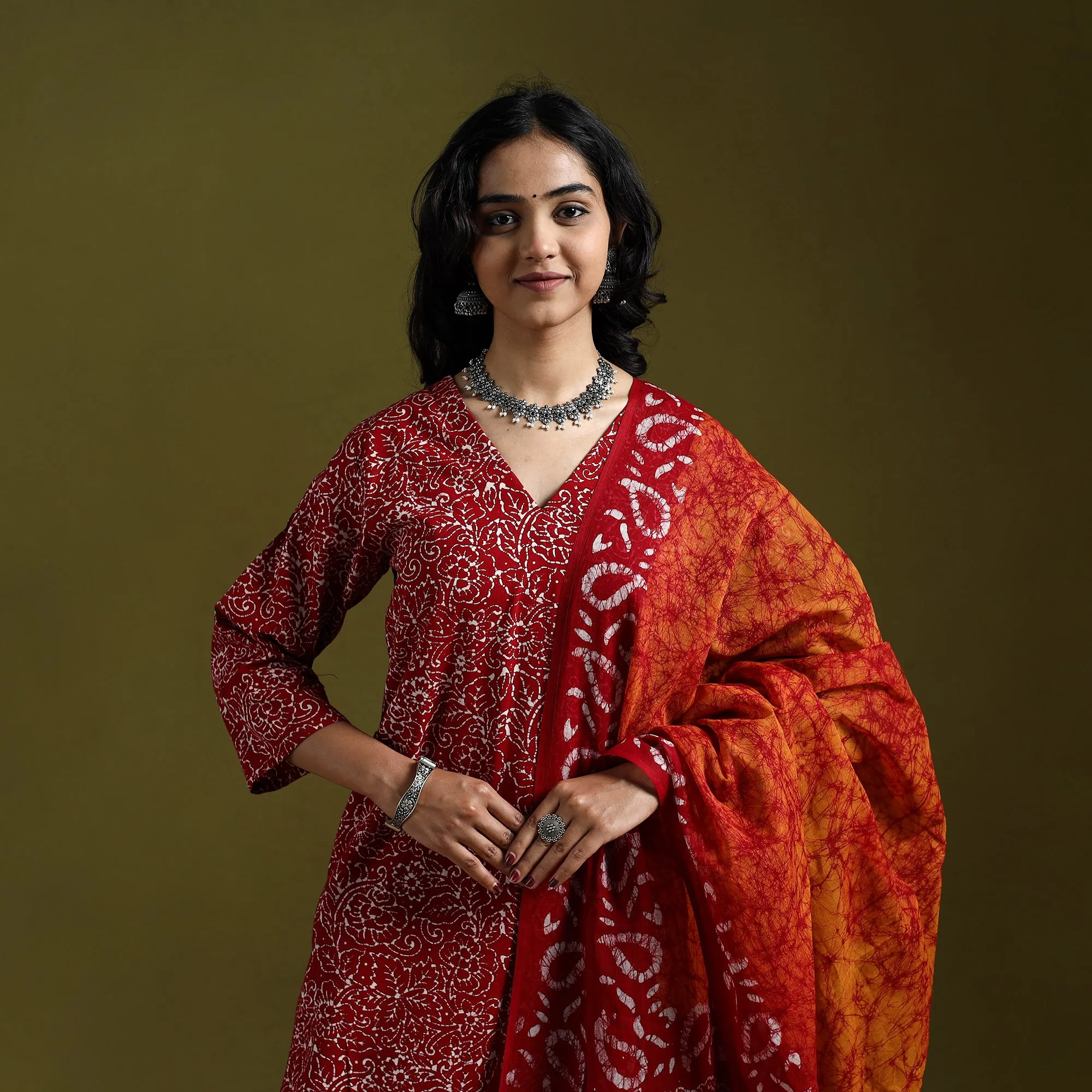 Red - Hand Block Batik Print Cotton Suit Set with Dupatta for women 01 sold by Itokri product image thumbnail 3
