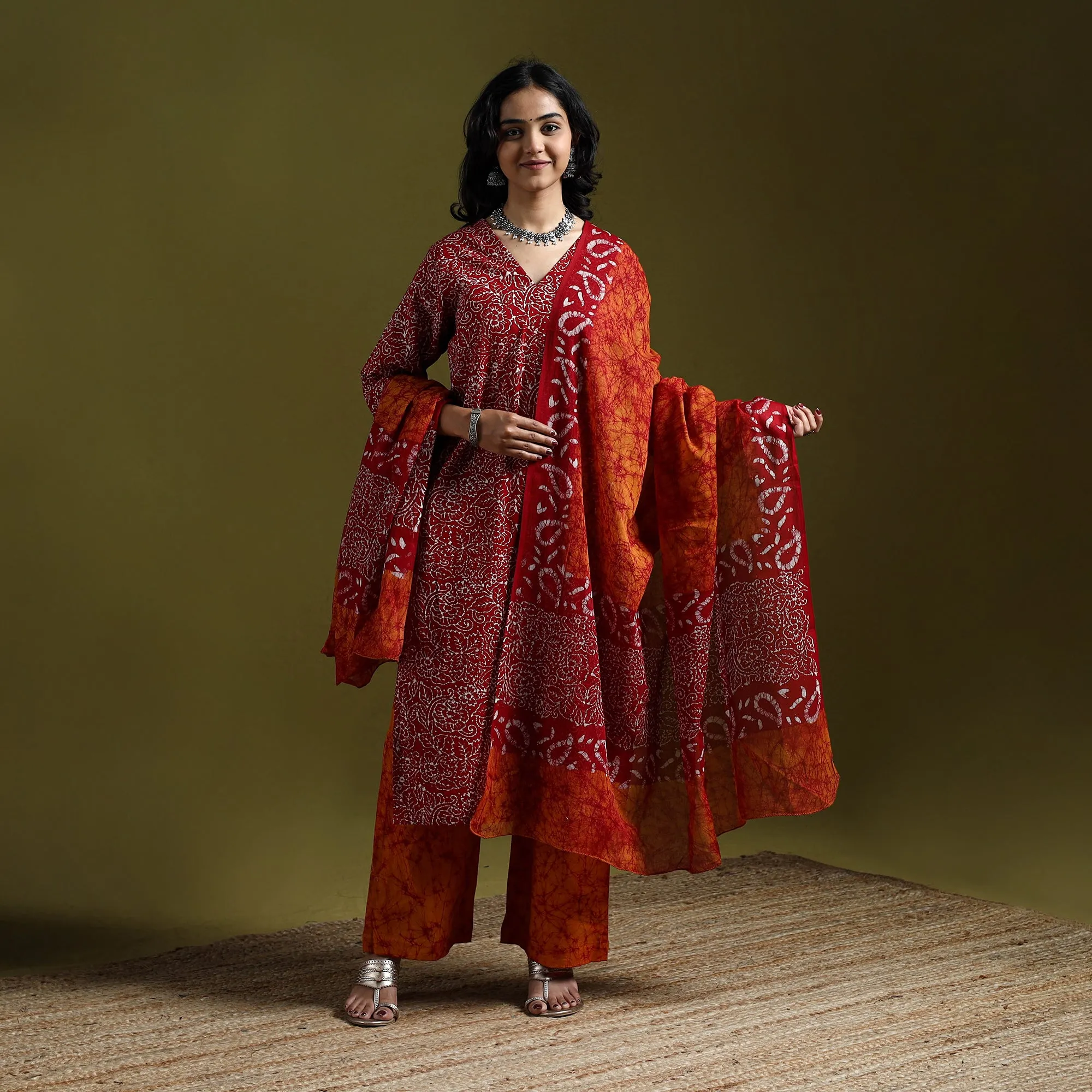 Red - Hand Block Batik Print Cotton Suit Set with Dupatta for women 01 sold by Itokri