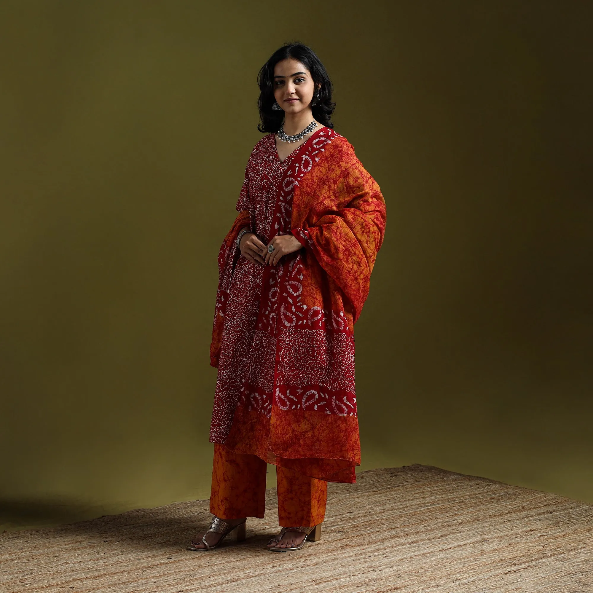 Red - Hand Block Batik Print Cotton Suit Set with Dupatta for women 01 sold by Itokri product image thumbnail 2