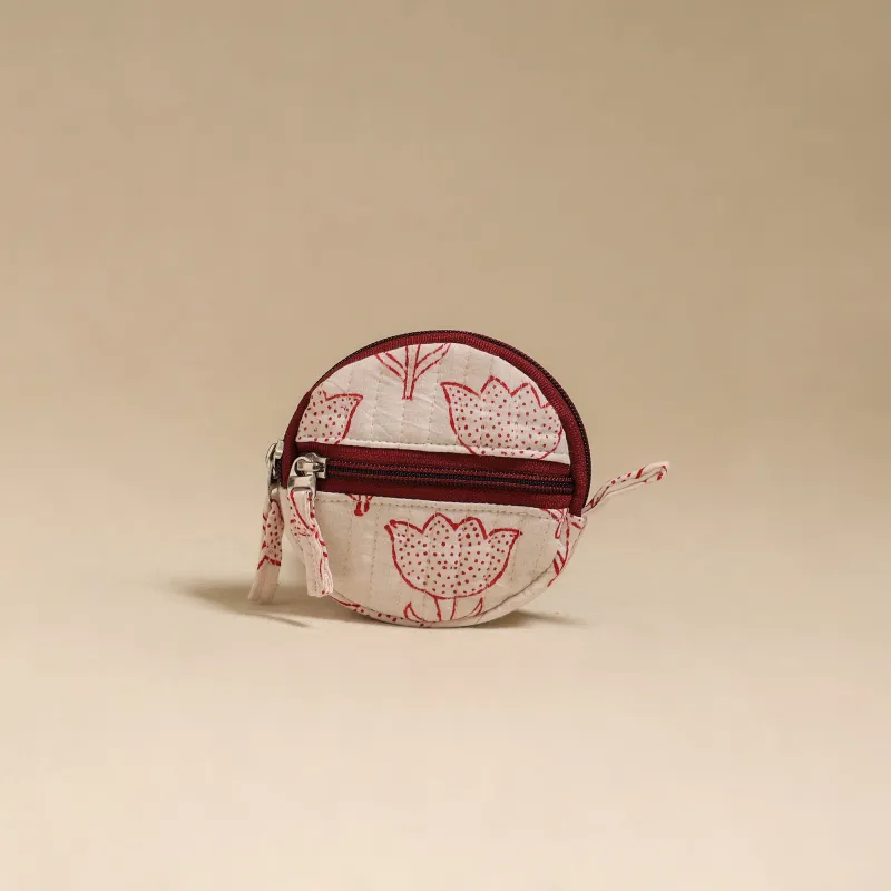 White - Handcrafted Quilted Sanganeri Block Printed Fabric Coin Pouch by Chhoti Si Asha 67 made by Itokri