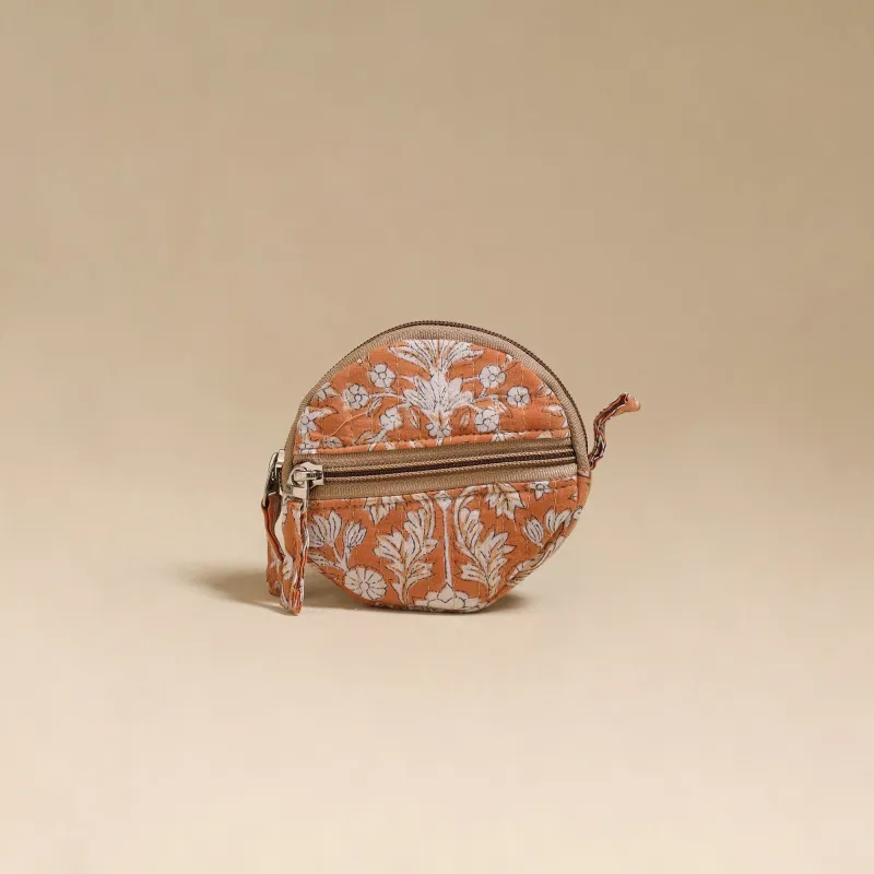 Orange - Handcrafted Quilted Sanganeri Block Printed Fabric Coin Pouch by Chhoti Si Asha 66 made by Itokri