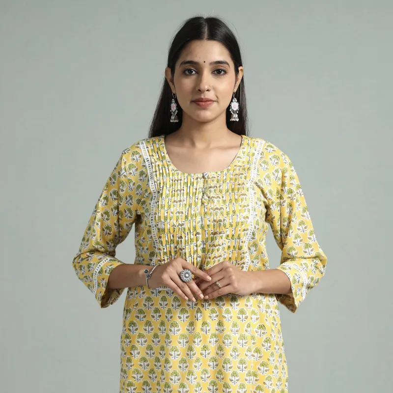 Yellow - Sanganeri Block Printed Cotton Pintuck Straight Kurta with Lace Work made by Itokri