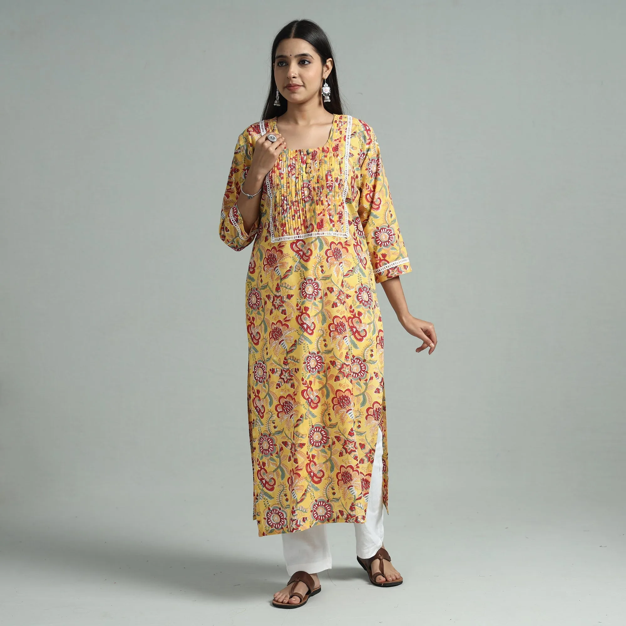 Yellow - Sanganeri Block Printed Cotton Pintuck Straight Kurta with Lace Work sold by Itokri product image thumbnail 2
