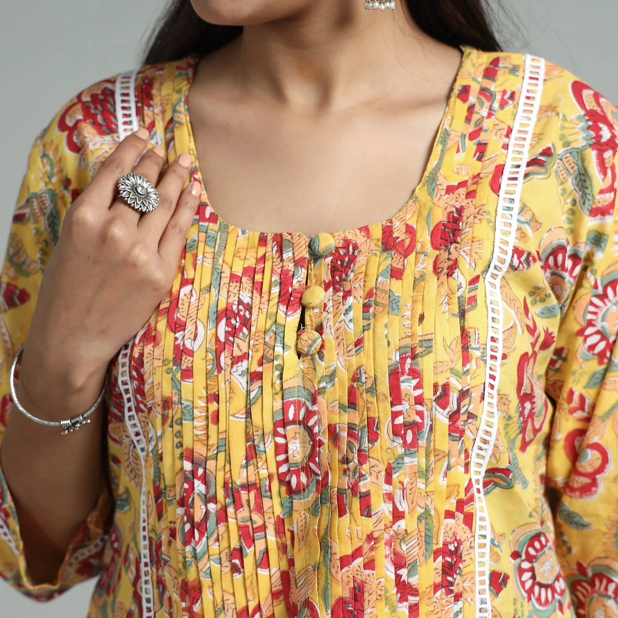Yellow - Sanganeri Block Printed Cotton Pintuck Straight Kurta with Lace Work sold by Itokri product image thumbnail 4