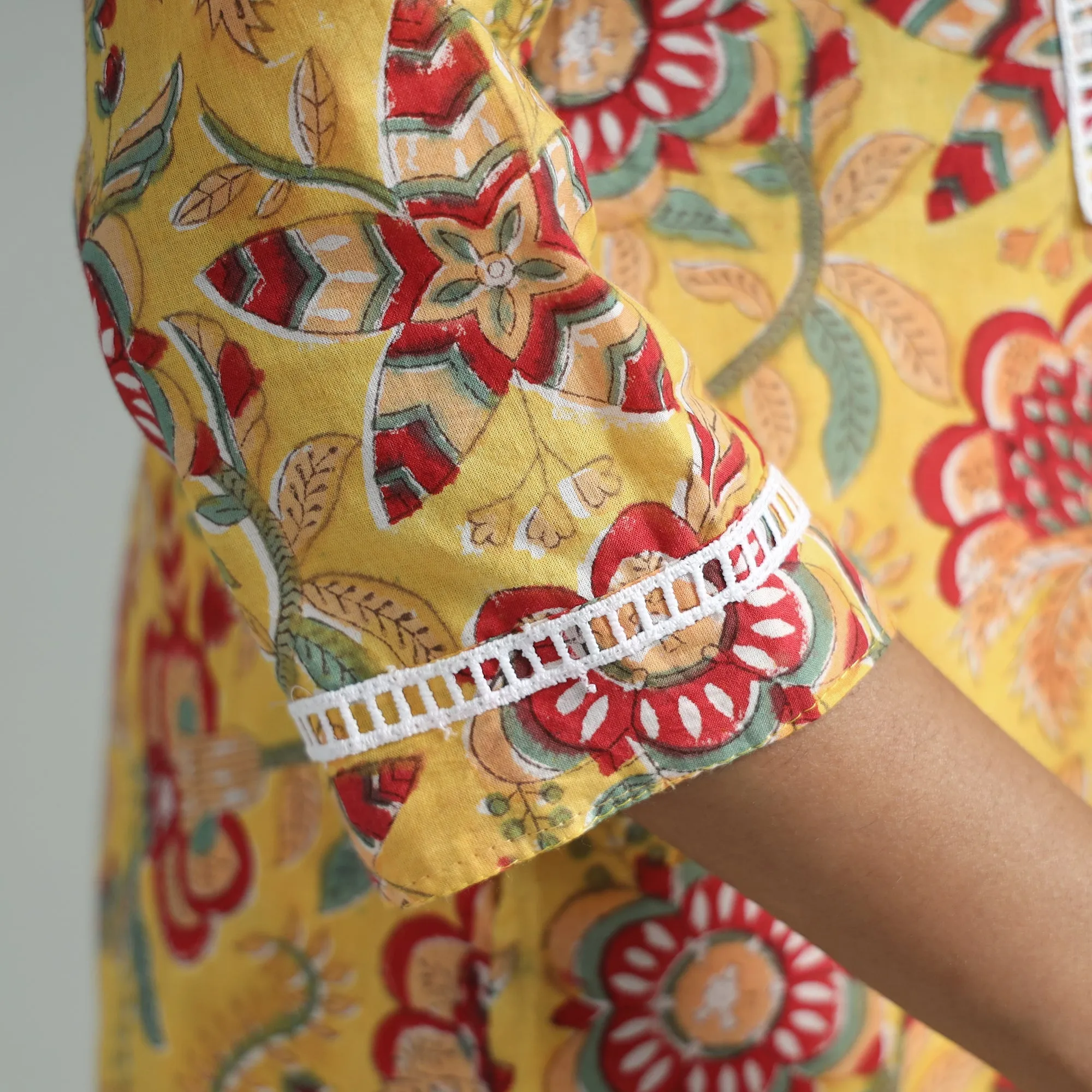 Yellow - Sanganeri Block Printed Cotton Pintuck Straight Kurta with Lace Work sold by Itokri product image thumbnail 5