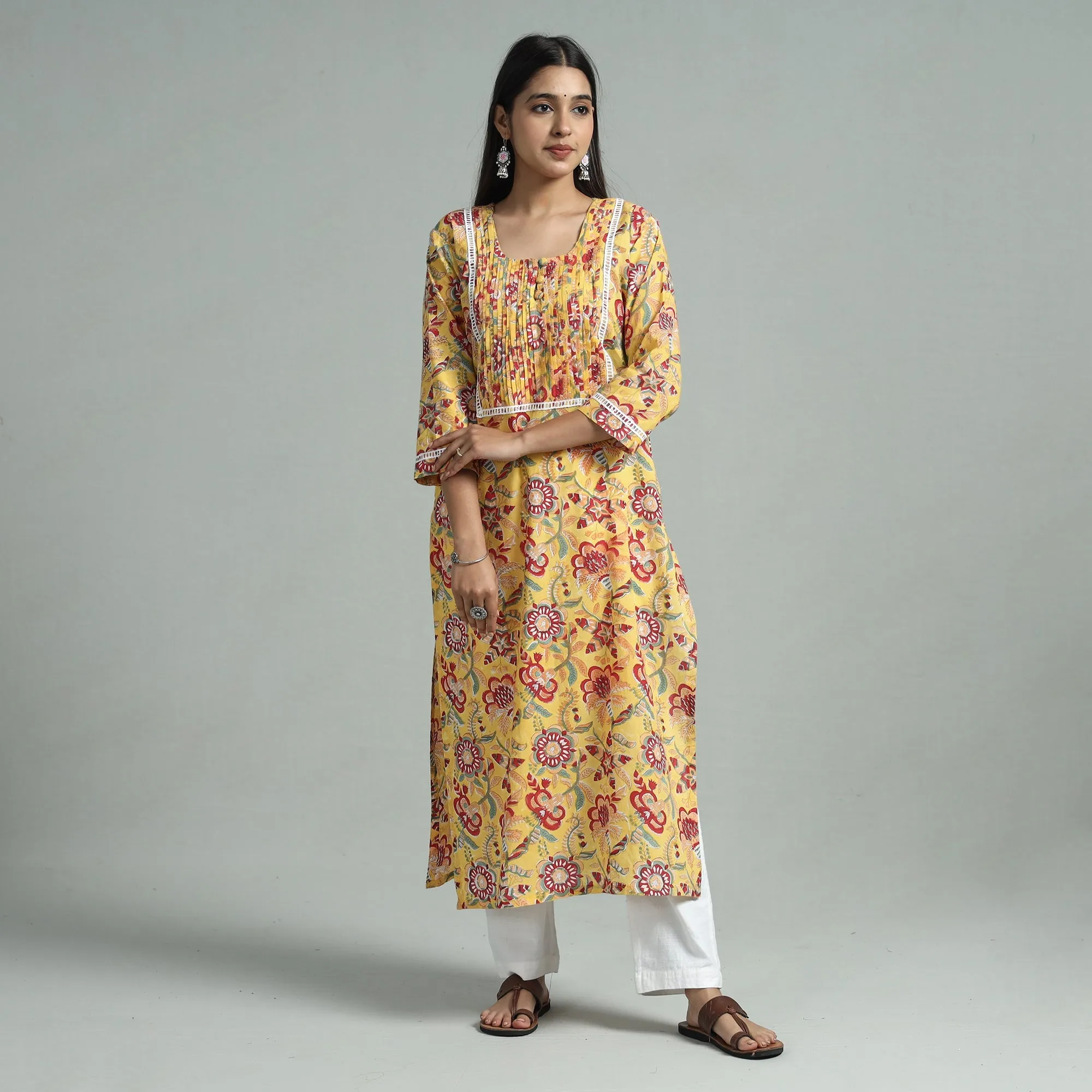 Yellow - Sanganeri Block Printed Cotton Pintuck Straight Kurta with Lace Work sold by Itokri product image thumbnail 3