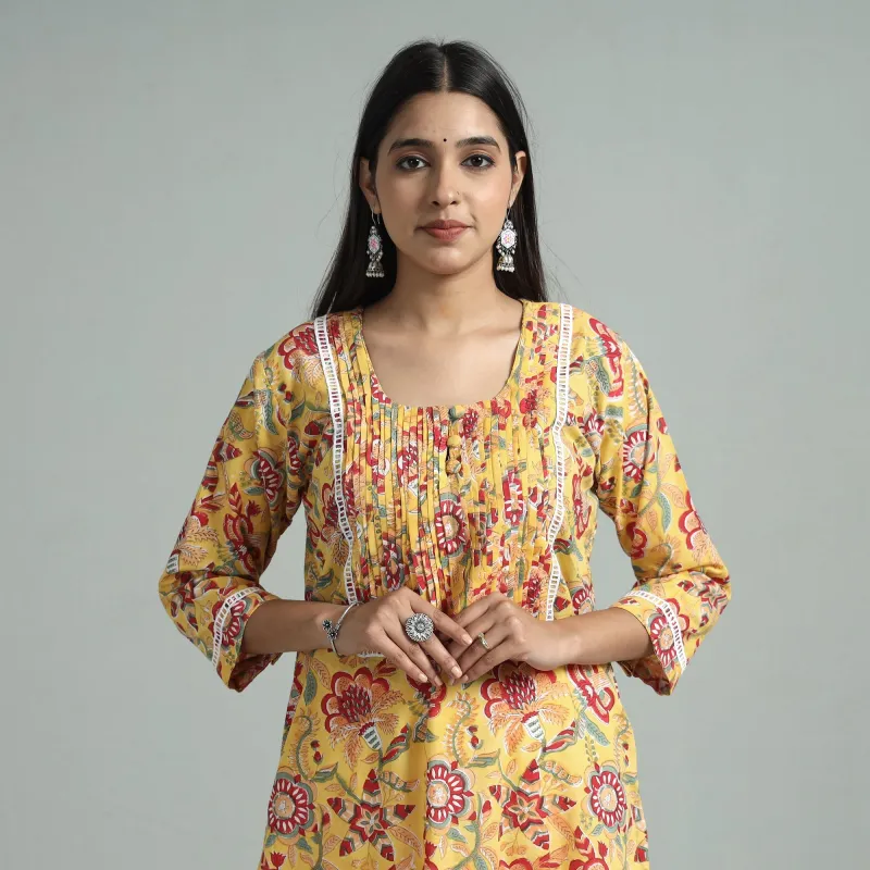 Yellow - Sanganeri Block Printed Cotton Pintuck Straight Kurta with Lace Work made by Itokri