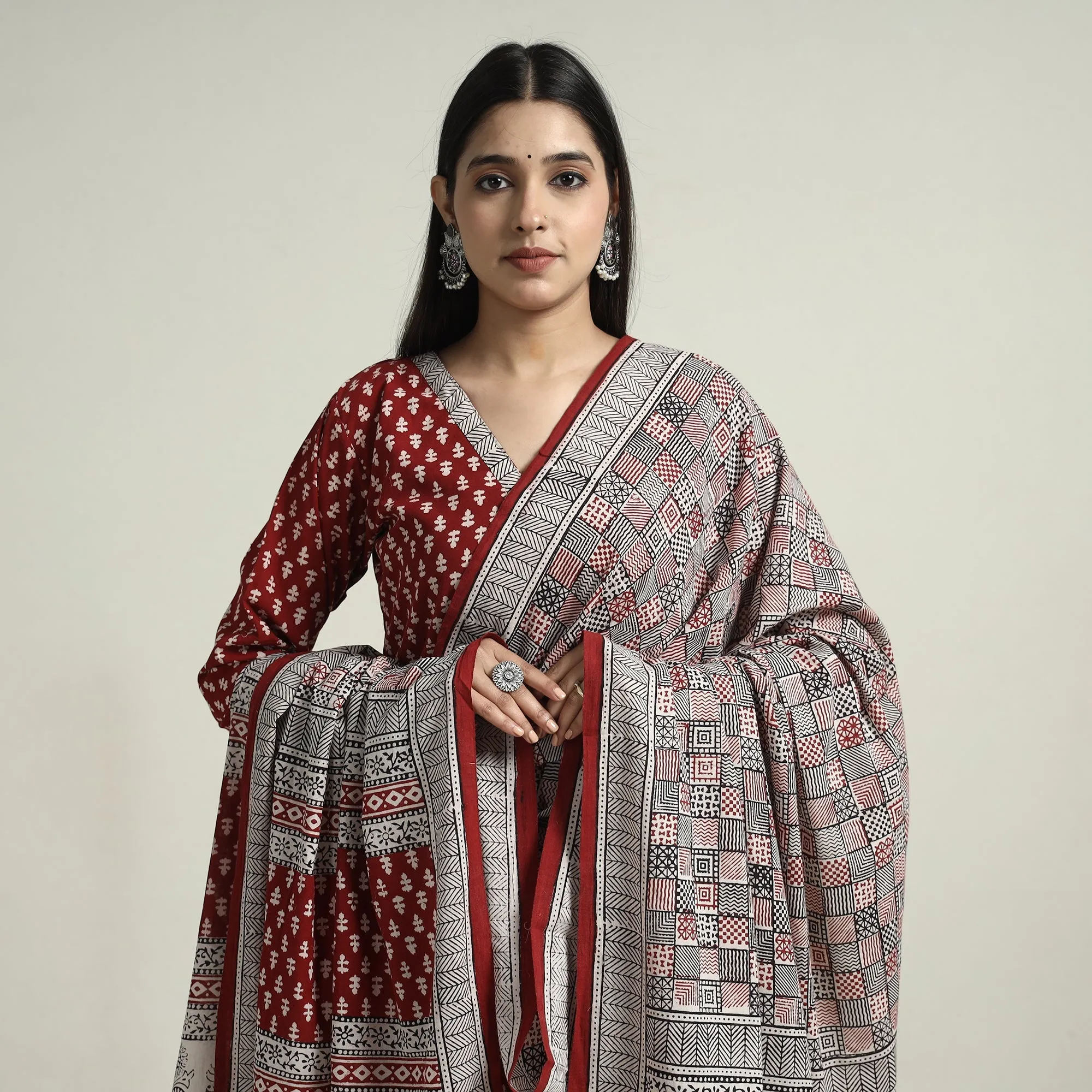 Red - Bagh Block Printed Cotton Kurta with Palazzo & Dupatta Set sold by Itokri product image thumbnail 4