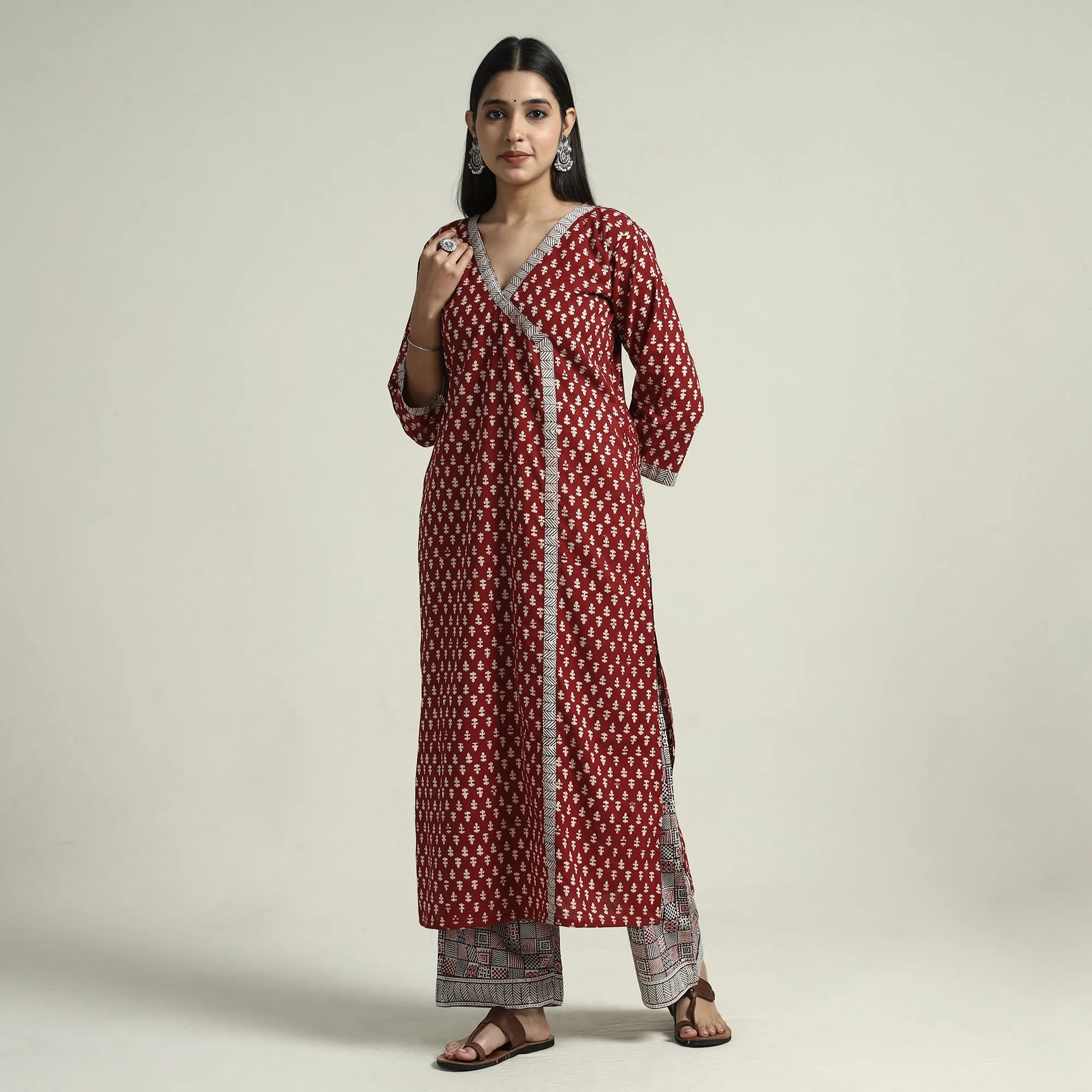 Red - Bagh Block Printed Cotton Kurta with Palazzo & Dupatta Set sold by Itokri product image thumbnail 3