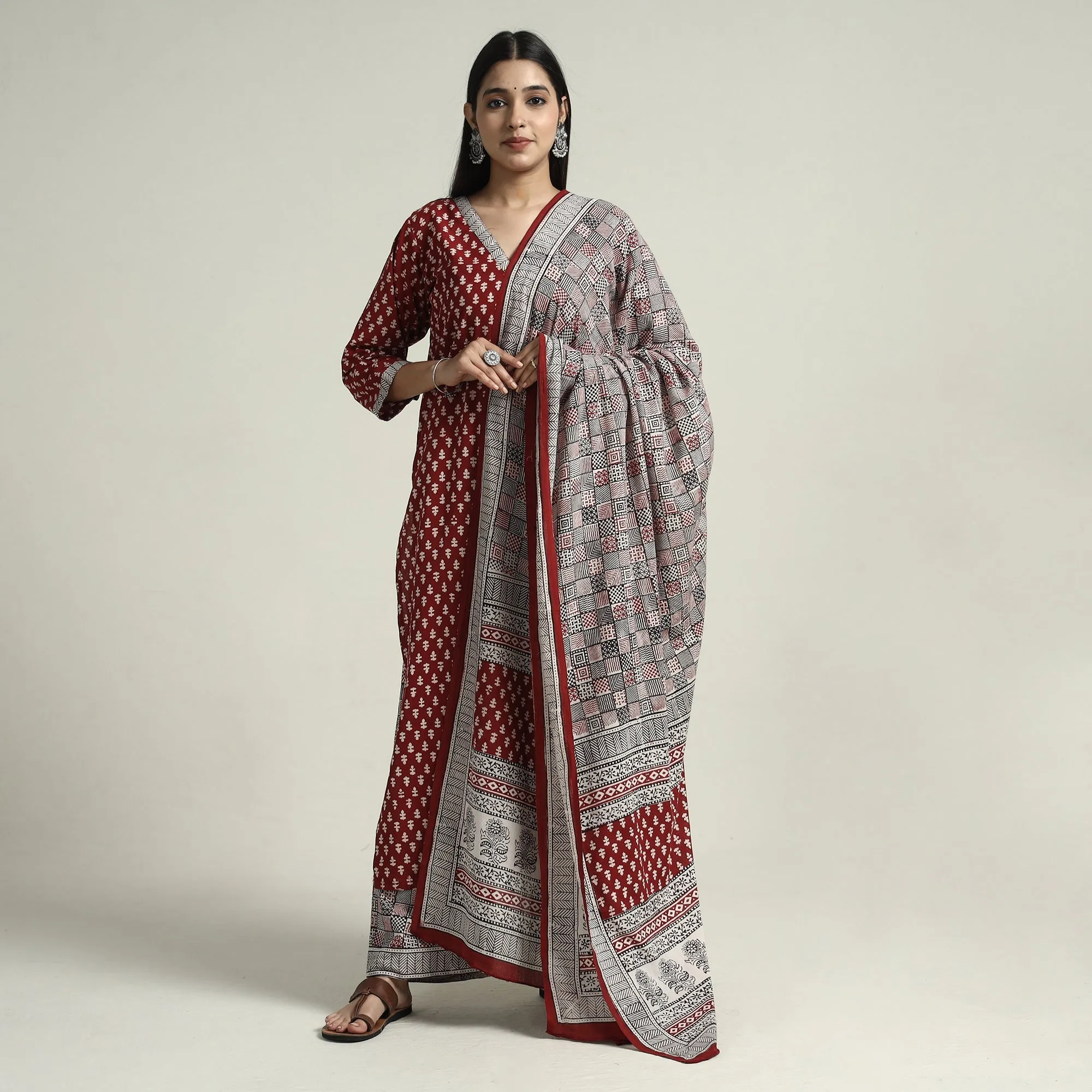 Red - Bagh Block Printed Cotton Kurta with Palazzo & Dupatta Set sold by Itokri product image thumbnail 2
