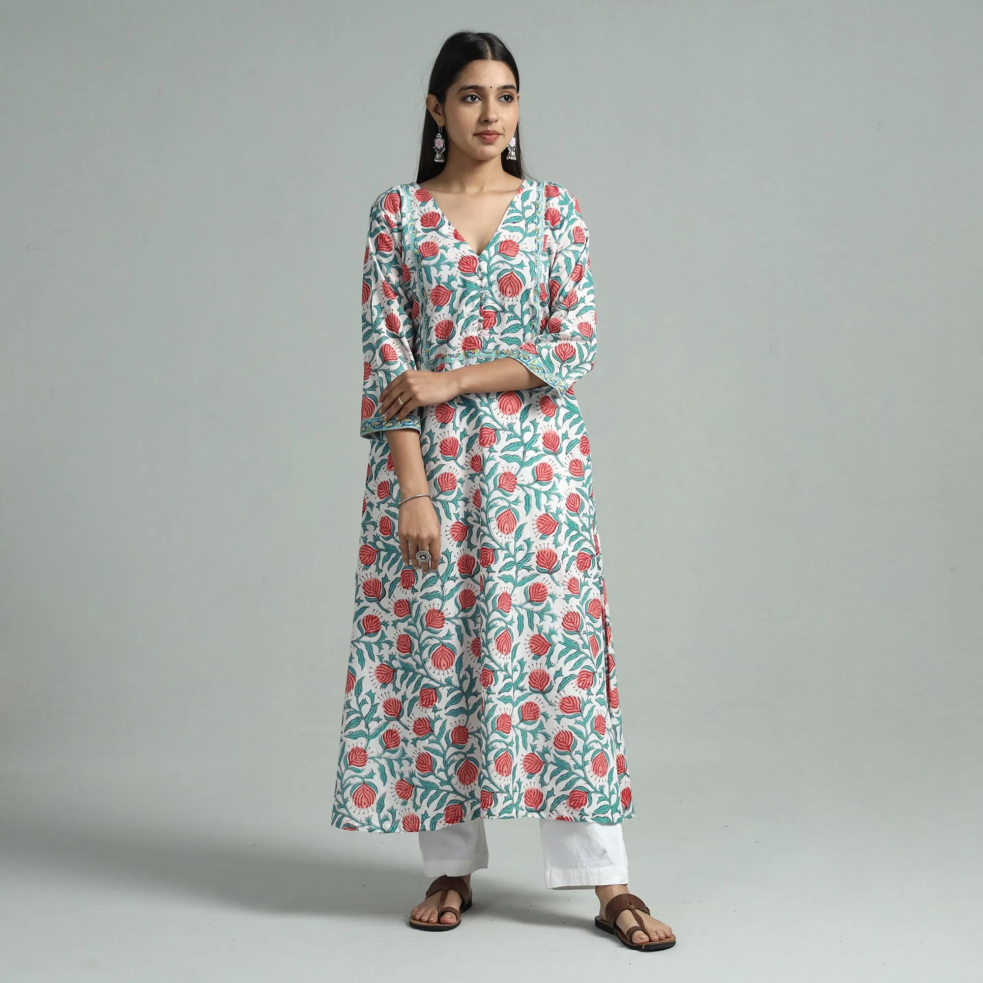 White - Sanganeri Block Printed Cotton Straight Kurta sold by Itokri product image thumbnail 3