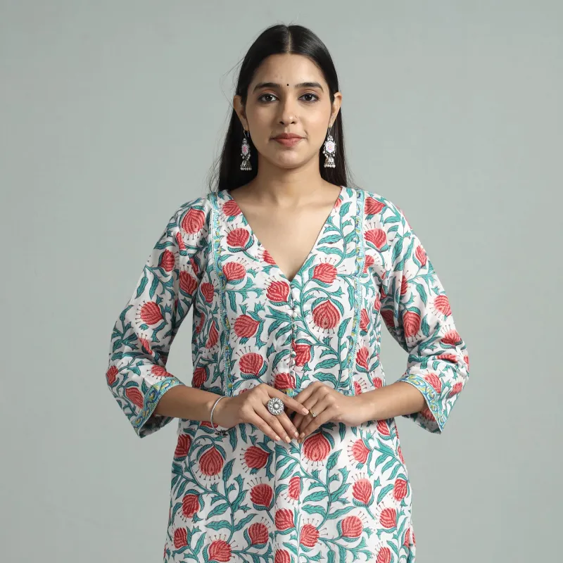 White - Sanganeri Block Printed Cotton Straight Kurta made by Itokri