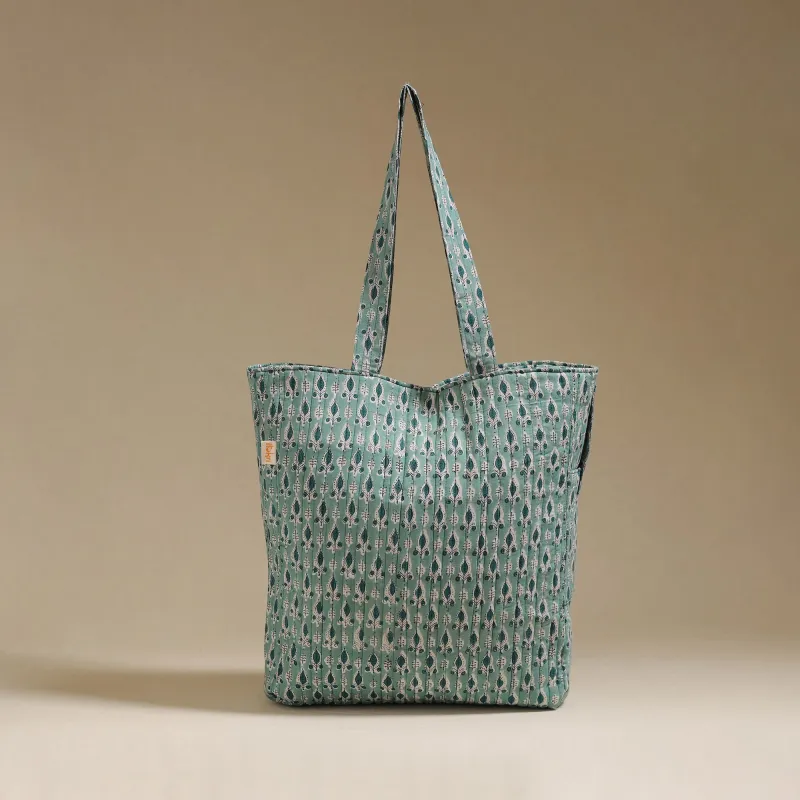 Green - Handcrafted Quilted Sanganeri Block Printed Fabric Tote Bag by Chhoti Si Asha 142 made by Itokri