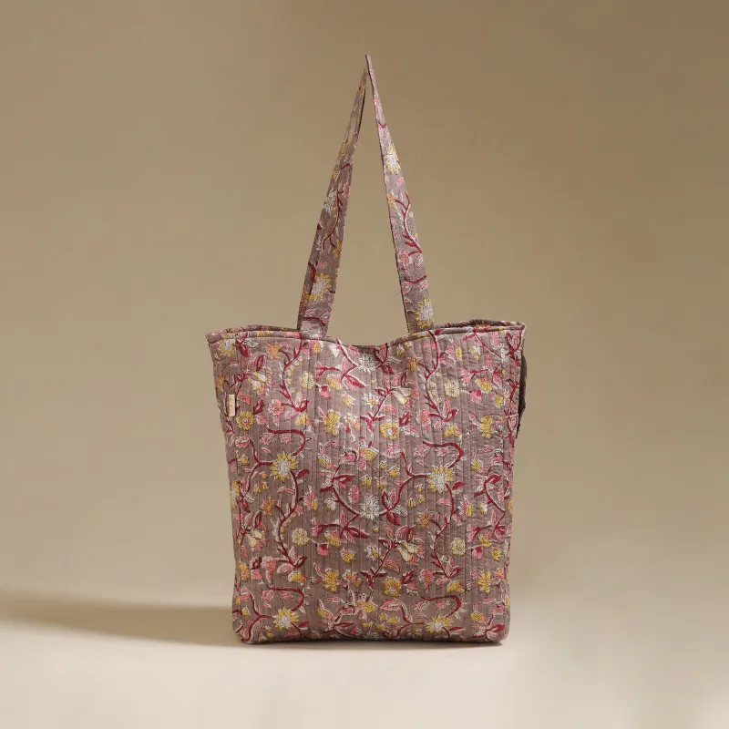 Brown - Handcrafted Quilted Sanganeri Block Printed Fabric Tote Bag by Chhoti Si Asha 149 made by Itokri