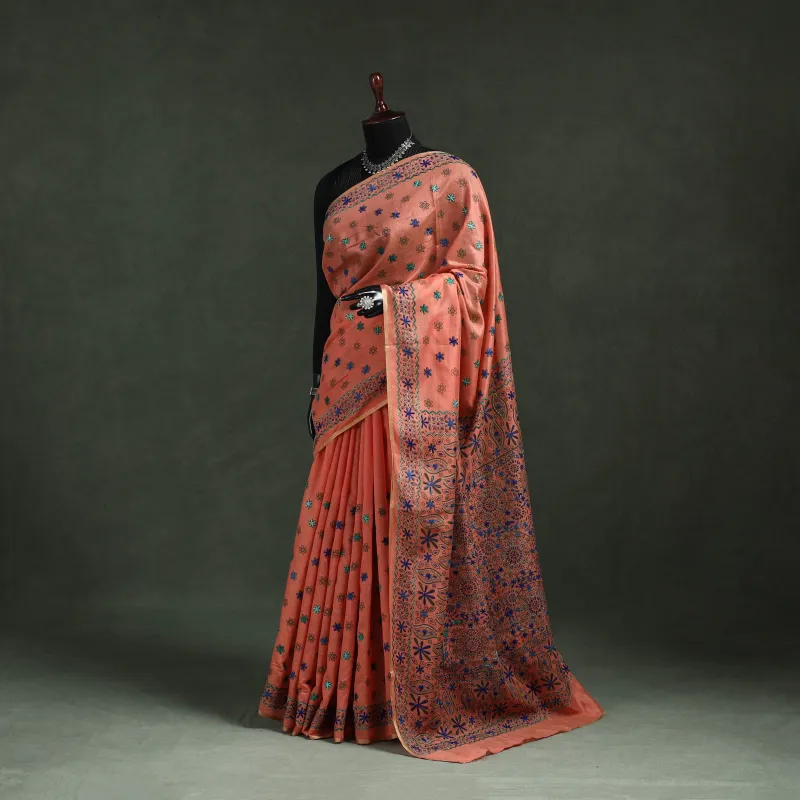 Peach - Bengal Kantha Hand Embroidery Silk Cotton Chapa Work Saree 10 made by Itokri