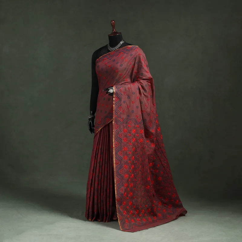 Brown - Bengal Kantha Hand Embroidery Silk Cotton Chapa Work Saree 06 made by Itokri