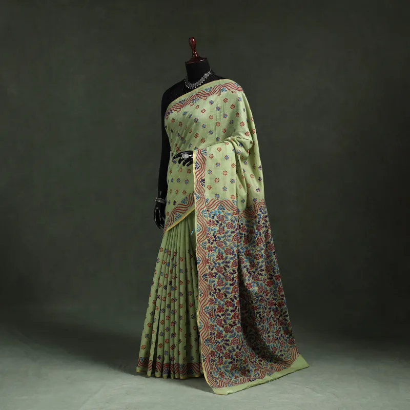 Green - Bengal Kantha Hand Embroidery Silk Cotton Chapa Work Saree 02 made by Itokri