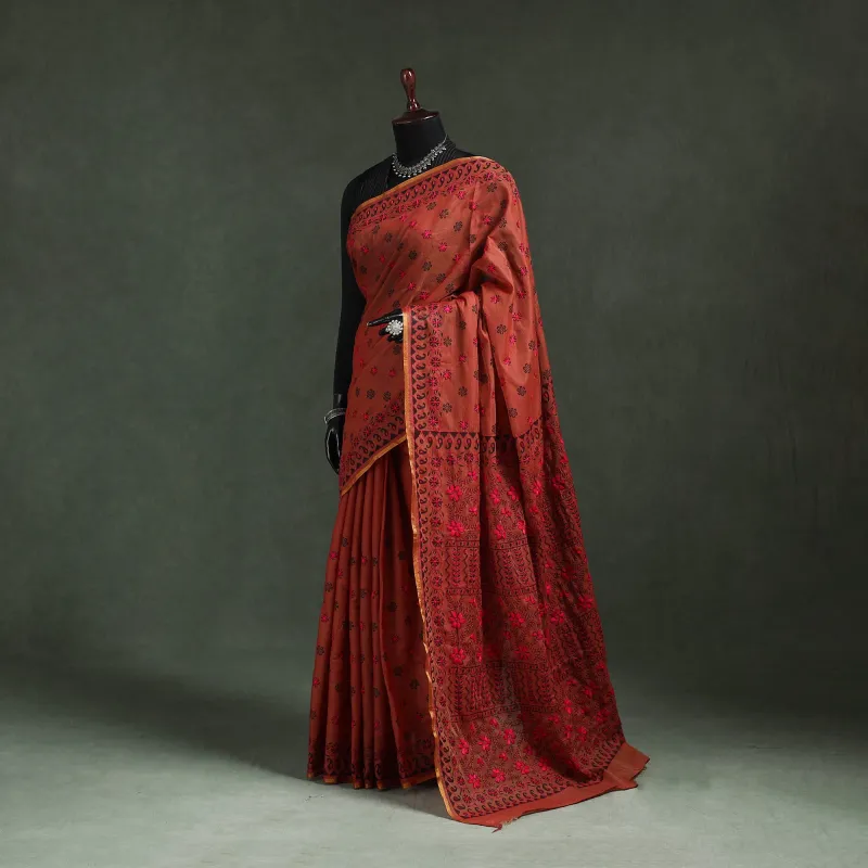 Red - Bengal Kantha Hand Embroidery Silk Cotton Chapa Work Saree 01 made by Itokri