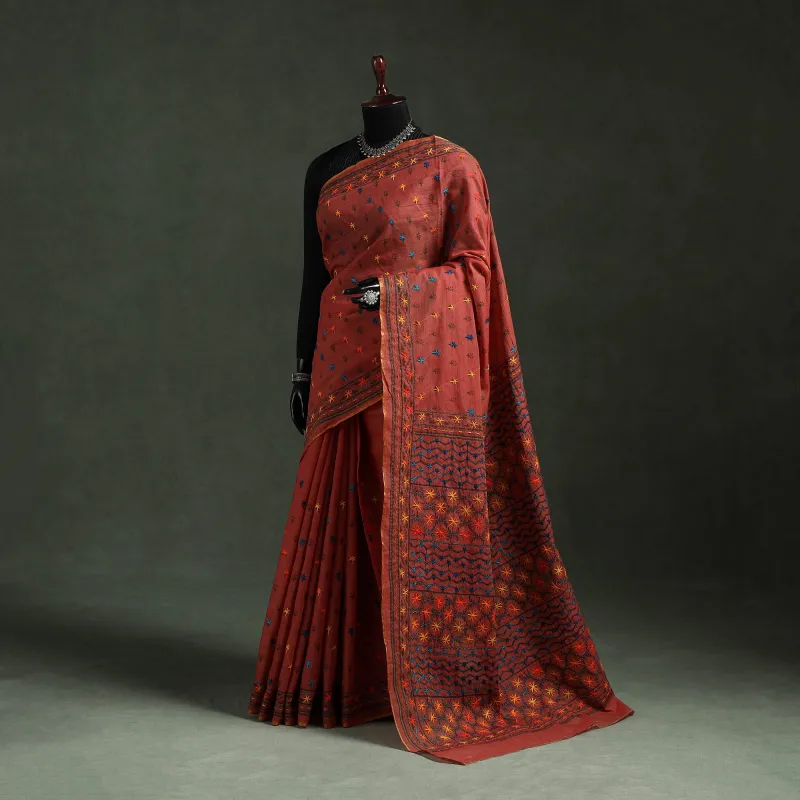 Red - Bengal Kantha Hand Embroidery Silk Cotton Chapa Work Saree 55 made by Itokri