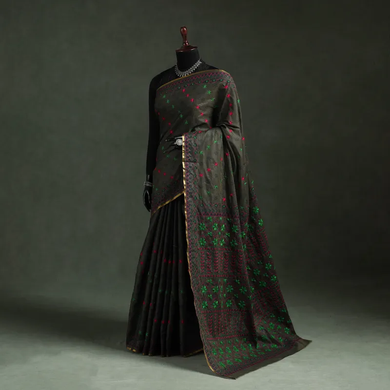 Green - Bengal Kantha Hand Embroidery Silk Cotton Chapa Work Saree 45 made by Itokri
