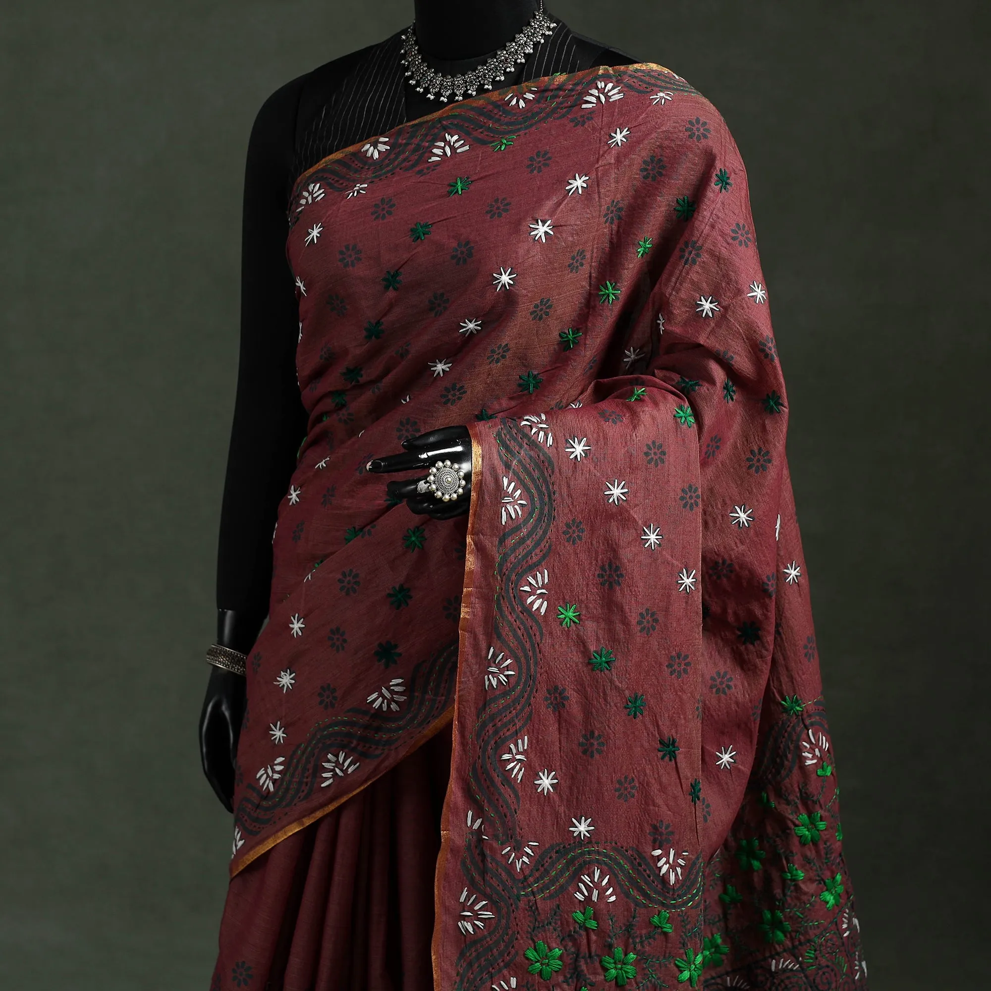 Brown - Bengal Kantha Hand Embroidery Silk Cotton Chapa Work Saree 43 sold by Itokri product image thumbnail 2