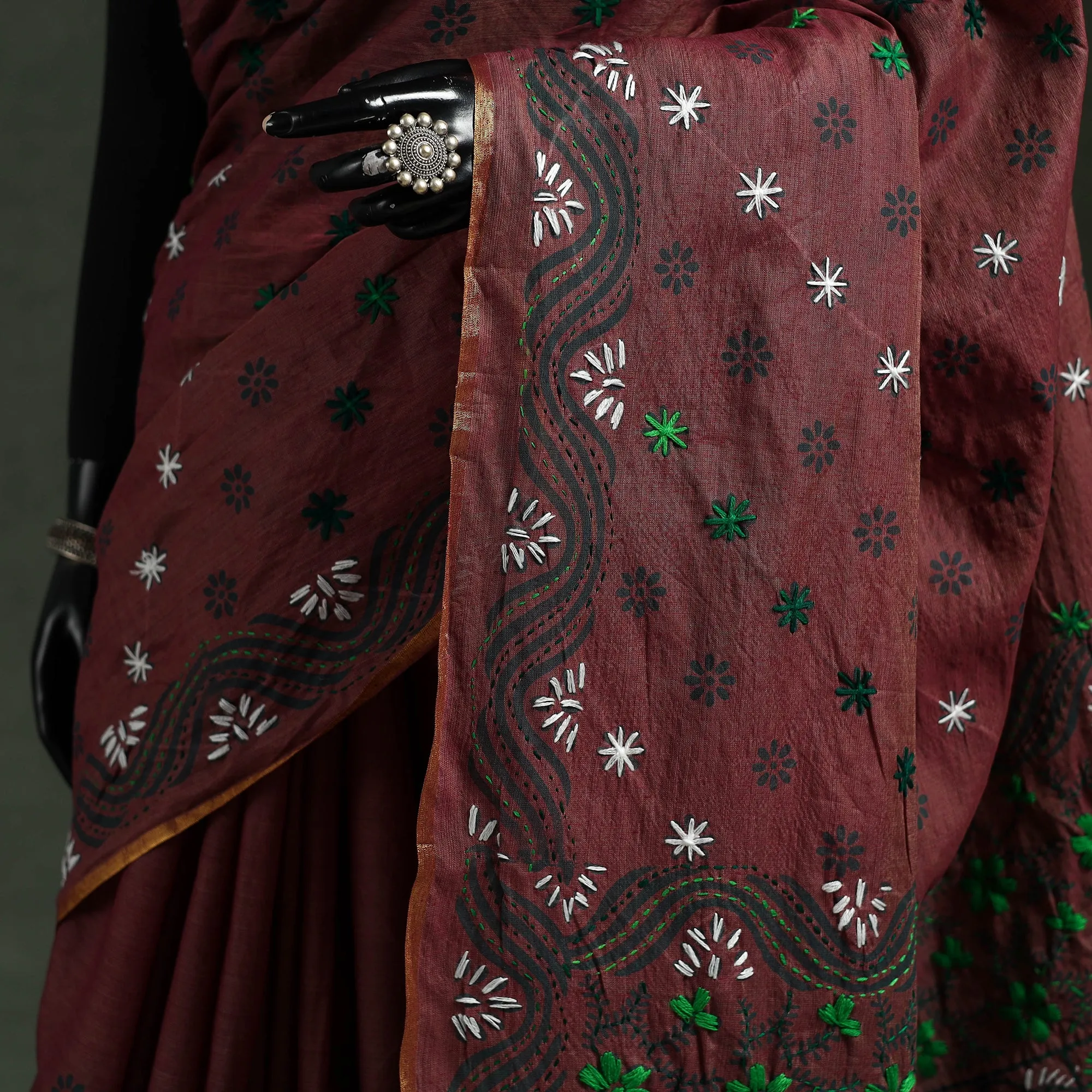 Brown - Bengal Kantha Hand Embroidery Silk Cotton Chapa Work Saree 43 sold by Itokri product image thumbnail 3