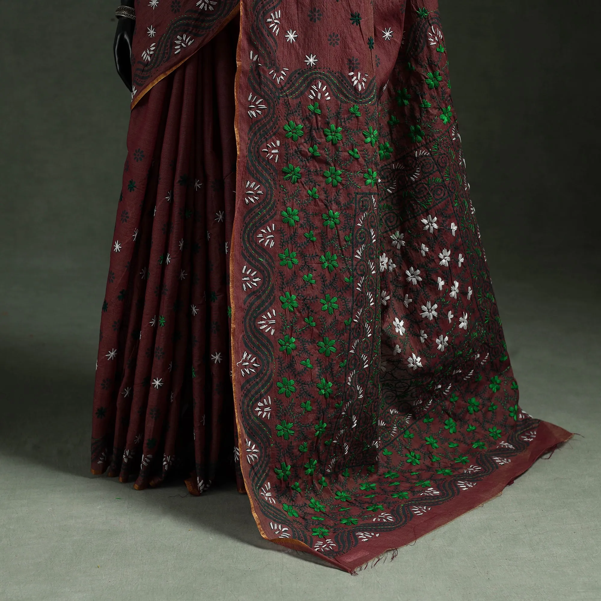 Brown - Bengal Kantha Hand Embroidery Silk Cotton Chapa Work Saree 43 sold by Itokri product image thumbnail 4