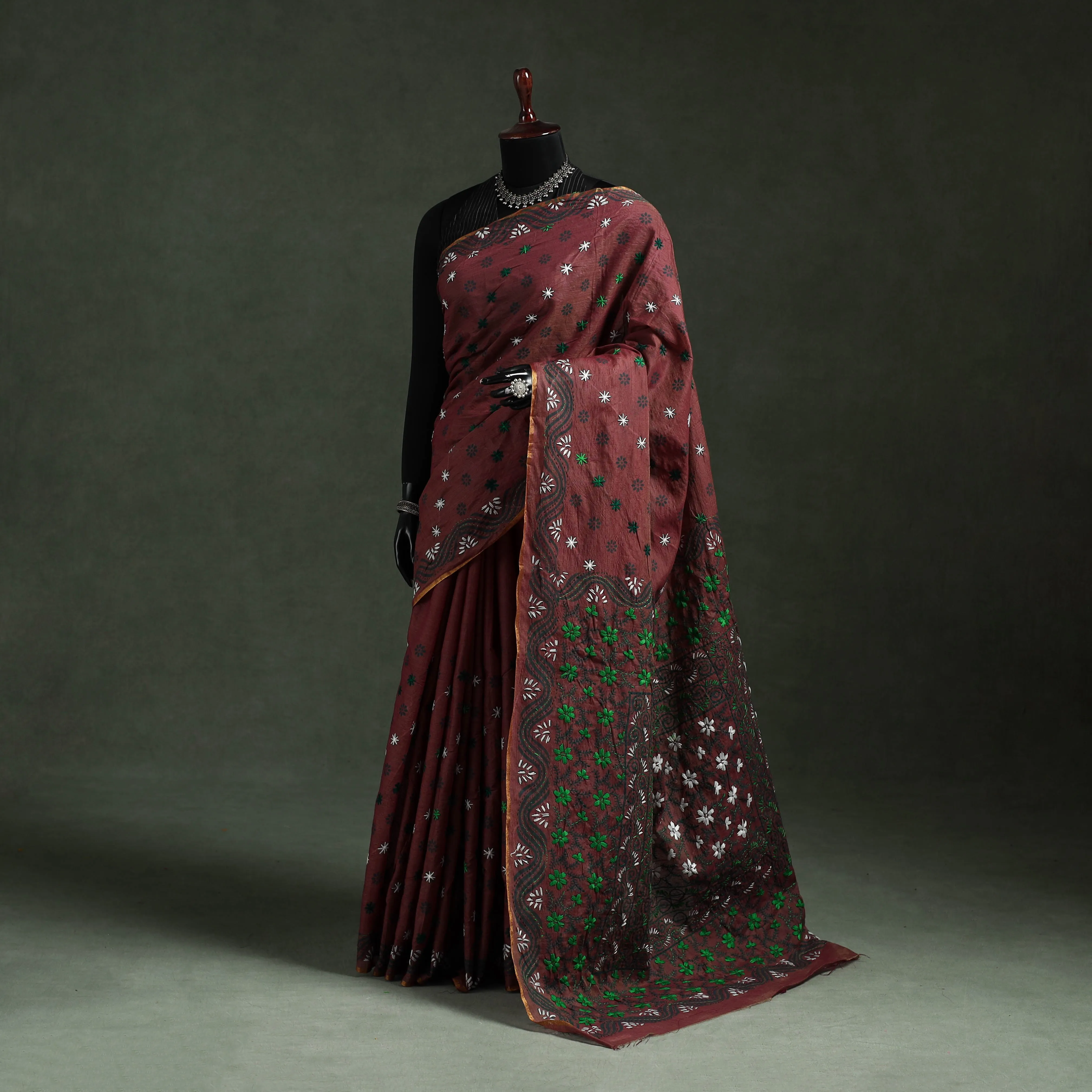 Brown - Bengal Kantha Hand Embroidery Silk Cotton Chapa Work Saree 43 sold by Itokri