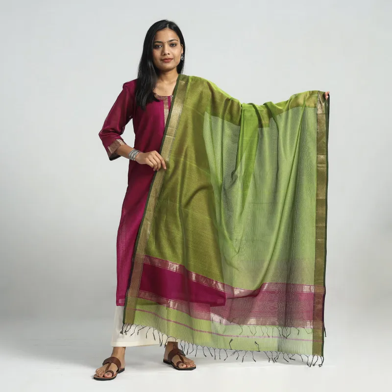 Purple - Traditional Maheshwari Handloom Silk Cotton Checks Kurta with Dupatta Set made by Itokri