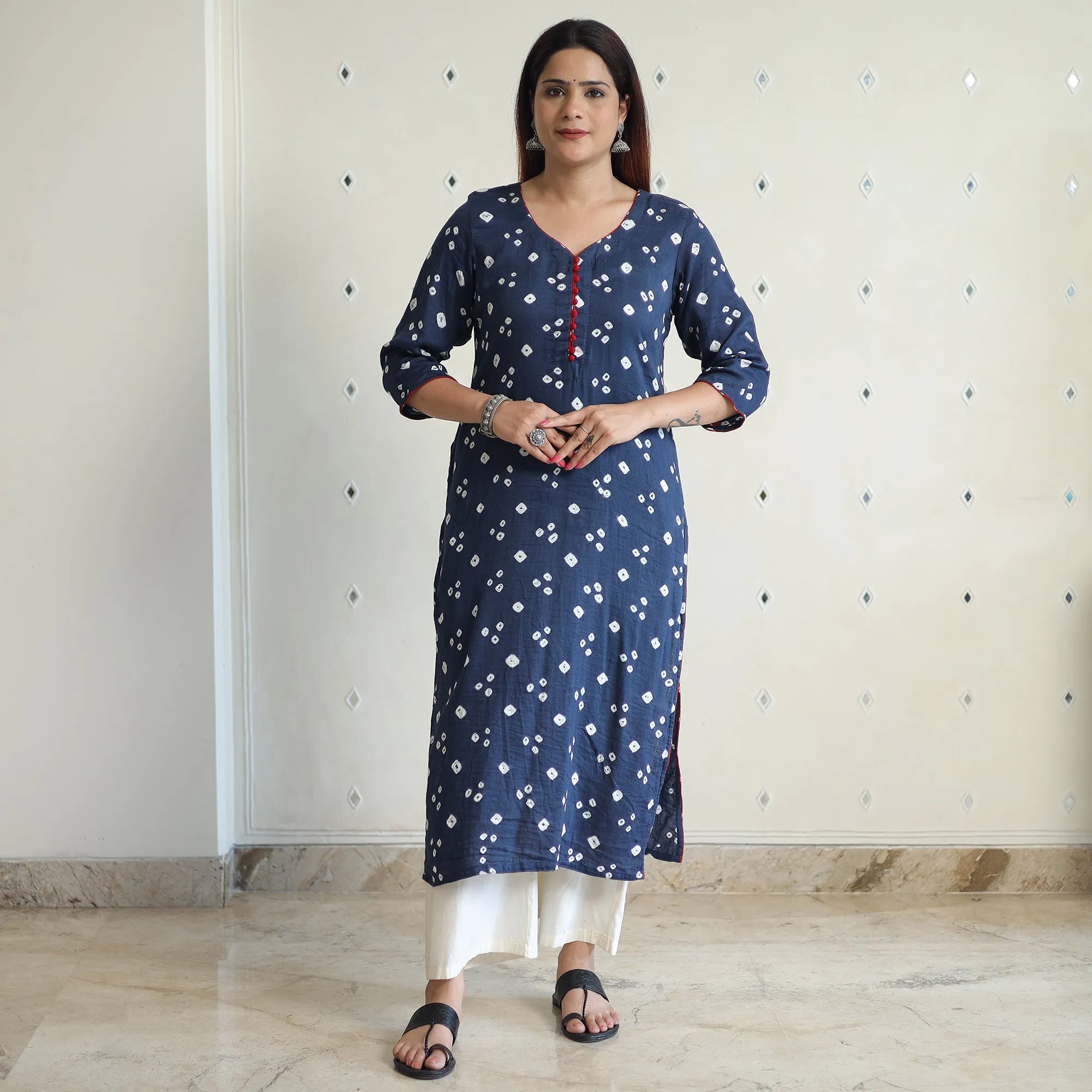 Navy Blue - Bandhani Tie-dye Cotton Long Straight Kurta 08 sold by Itokri product image thumbnail 5