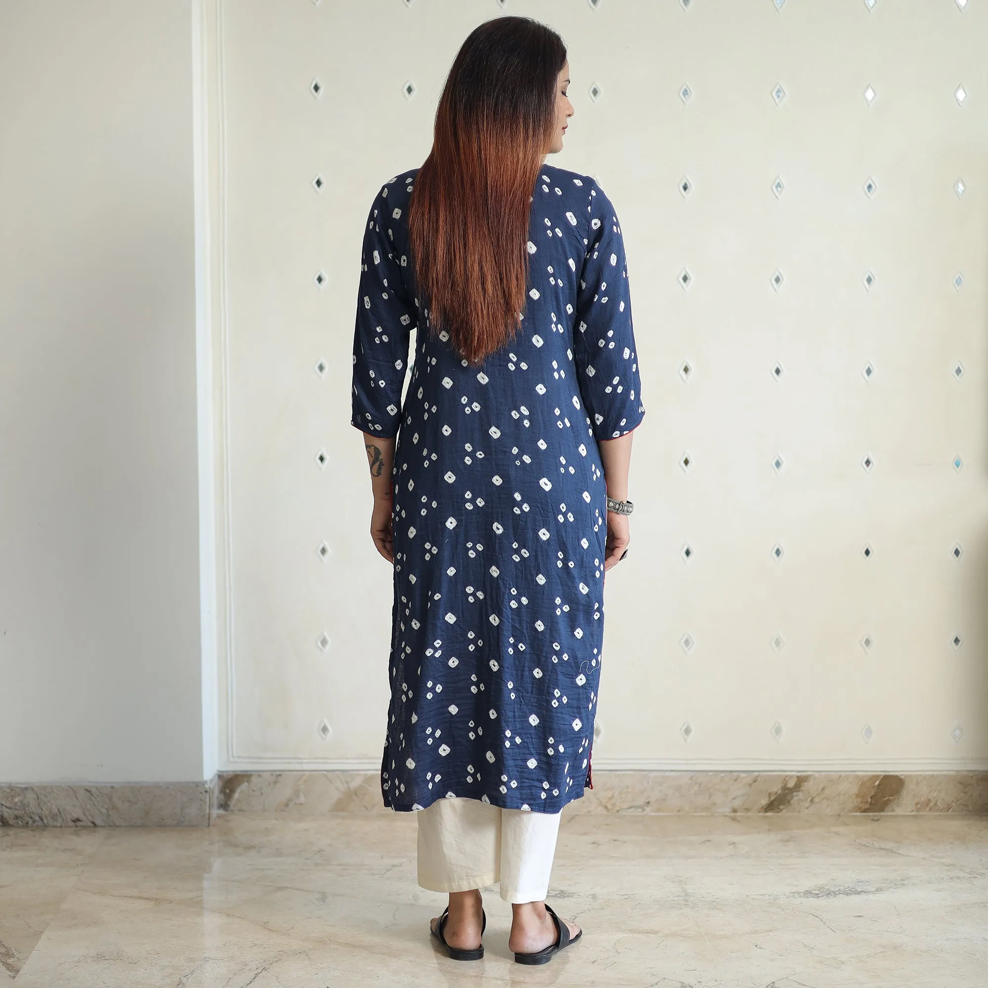 Navy Blue - Bandhani Tie-dye Cotton Long Straight Kurta 08 sold by Itokri product image thumbnail 4