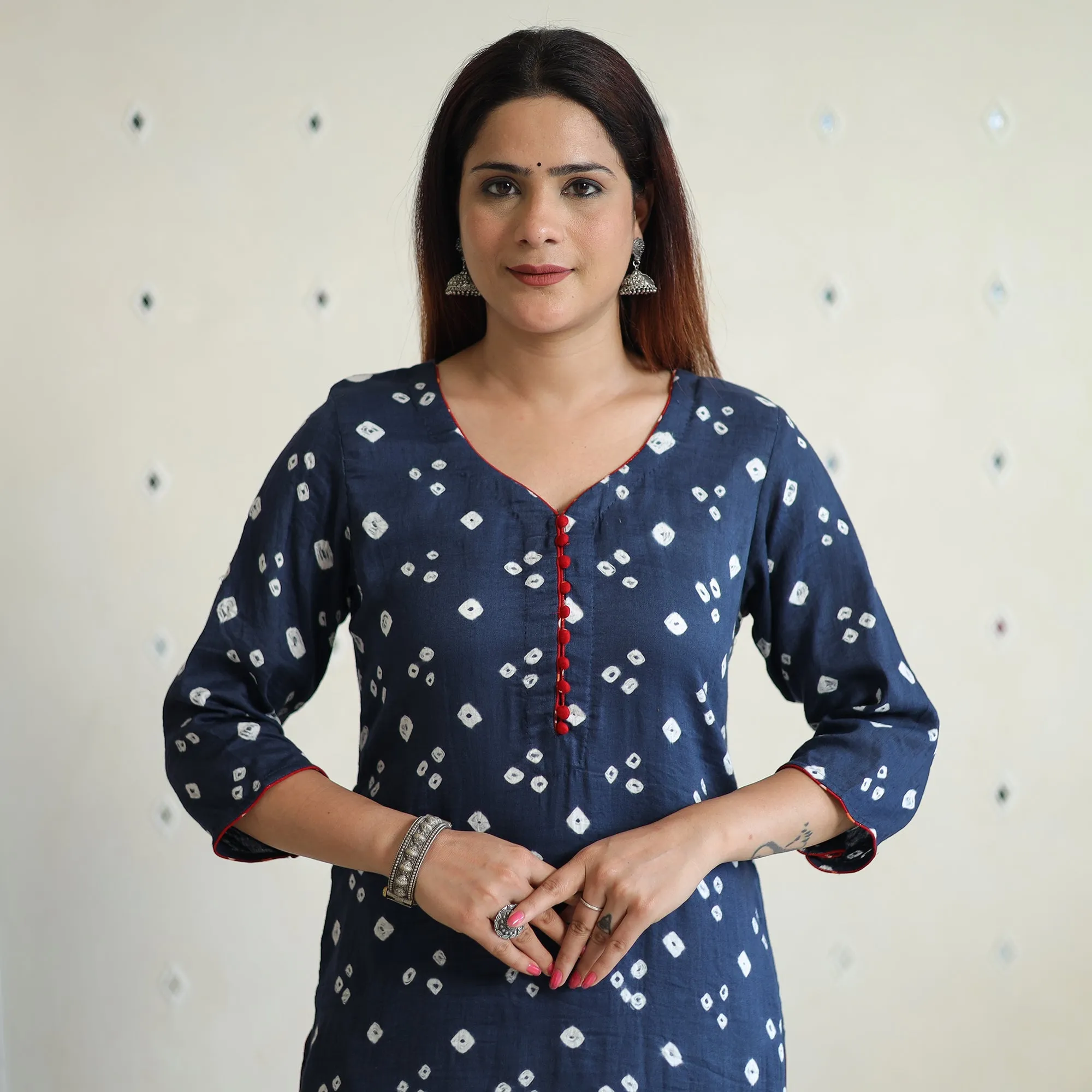 Navy Blue - Bandhani Tie-dye Cotton Long Straight Kurta 08 sold by Itokri