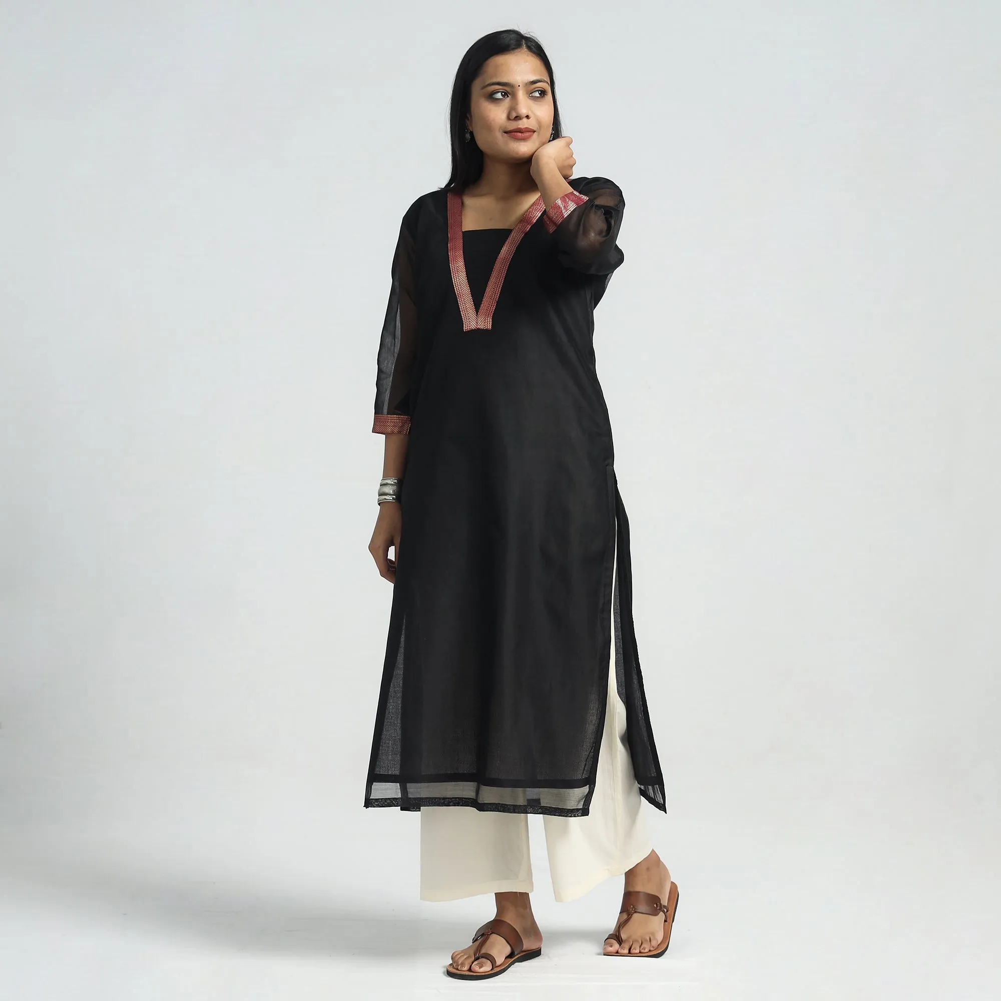 Black - Traditional Maheshwari Handloom Silk Cotton Zari Work Kurta with Dupatta Set sold by Itokri product image thumbnail 2