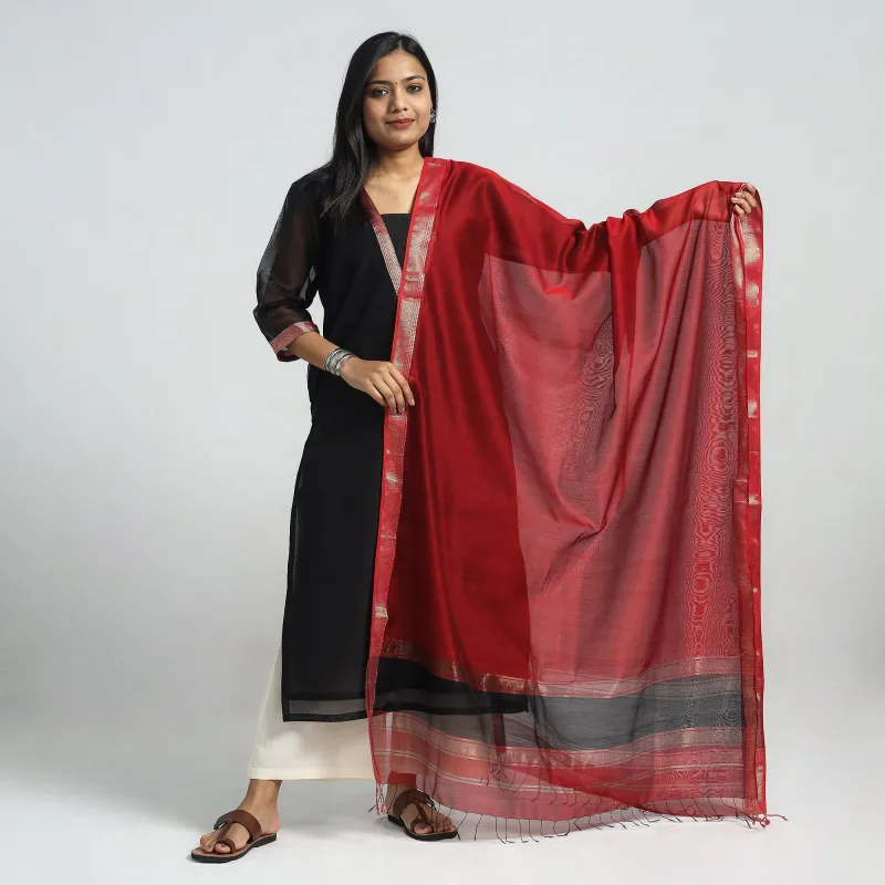 Black - Traditional Maheshwari Handloom Silk Cotton Zari Work Kurta with Dupatta Set made by Itokri