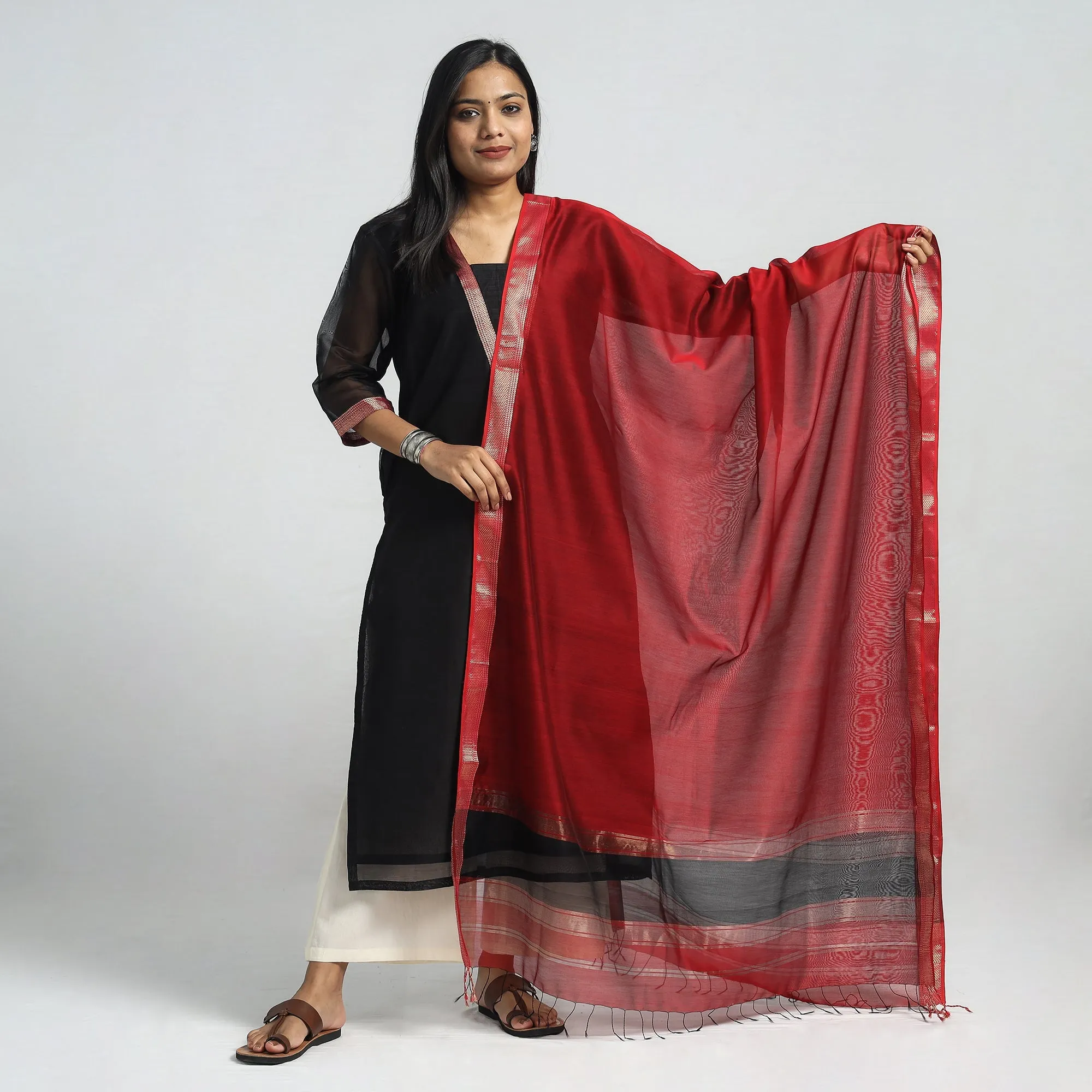 Black - Traditional Maheshwari Handloom Silk Cotton Zari Work Kurta with Dupatta Set sold by Itokri