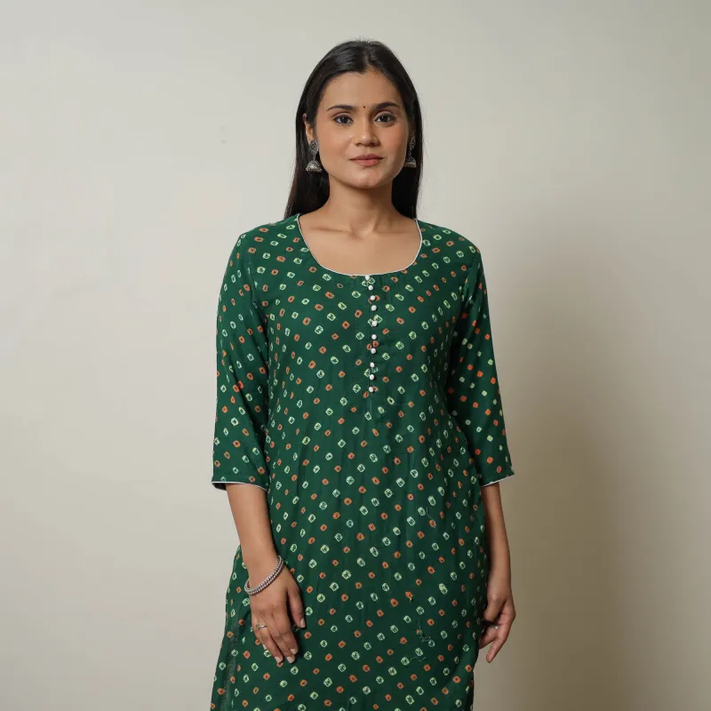 Green - Tie & dye Cotton Straight Bandhani Kurta 01 made by Itokri