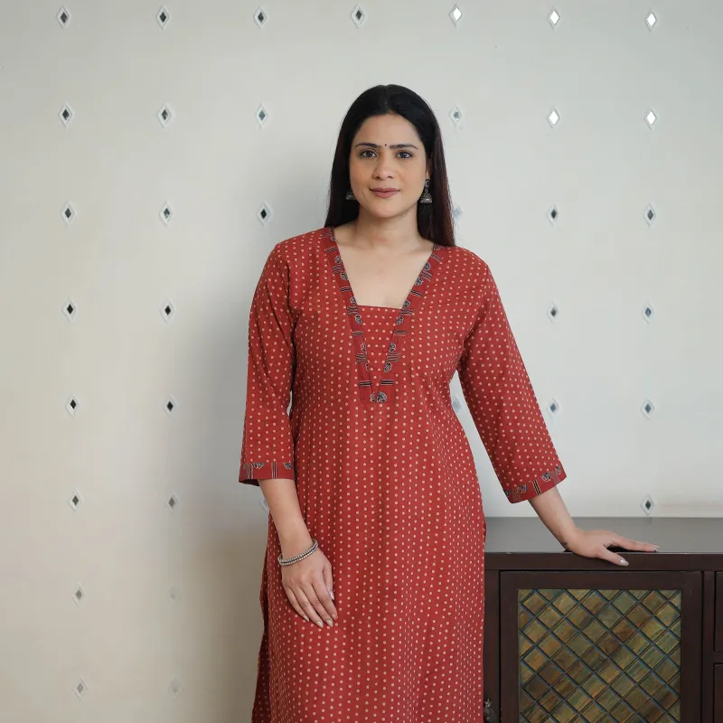 Red - Block Printed Cotton Straight Ajrakh Kurta 34 made by Itokri