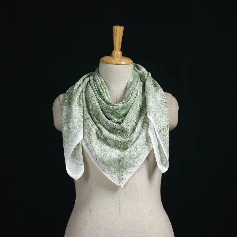 Green - Sanganeri Hand Block Print Cotton Scarf 04 made by Itokri