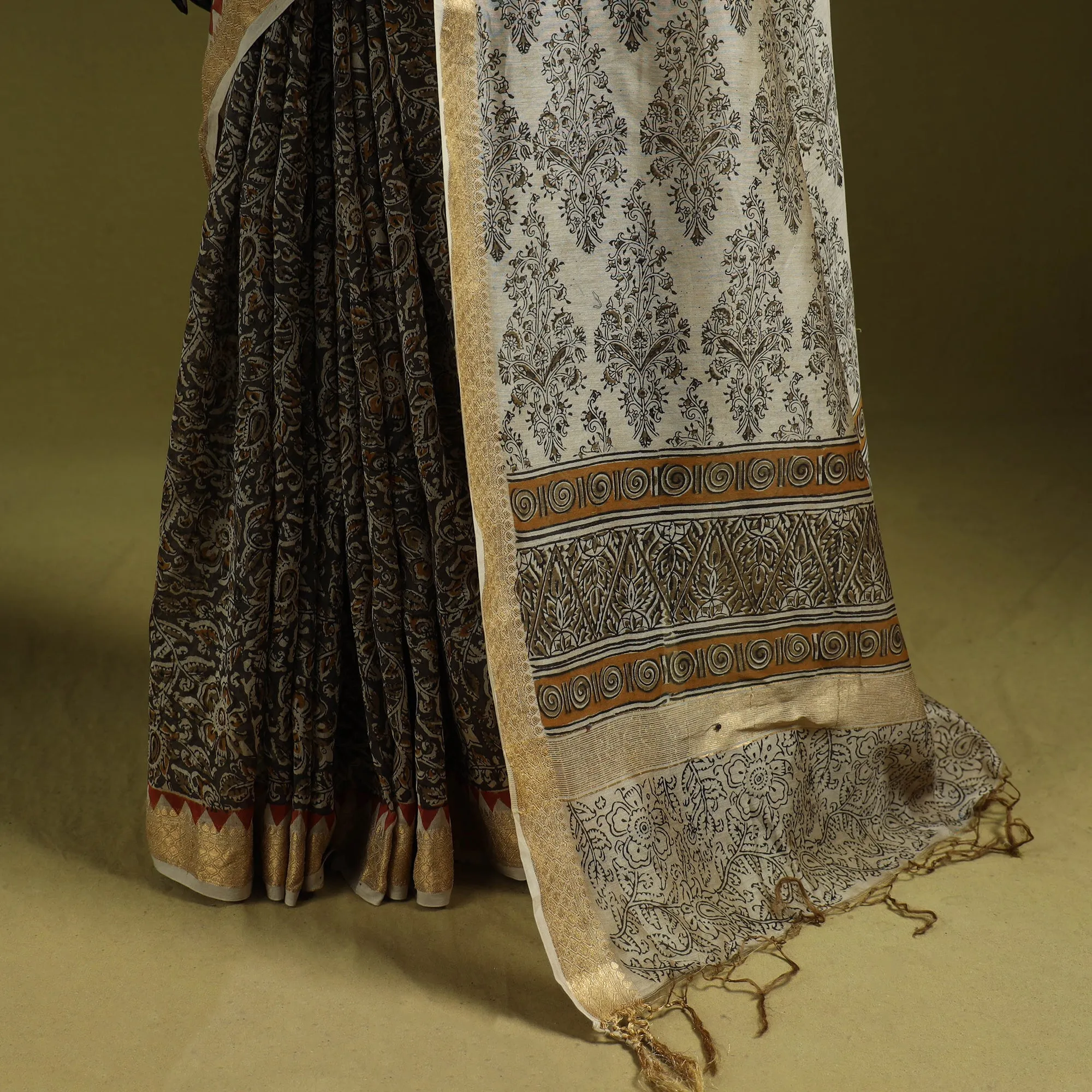 Multicolor - Natural Dyed Pedana Block Print Chanderi Silk Kalamkari Saree 18 sold by Itokri product image thumbnail 4