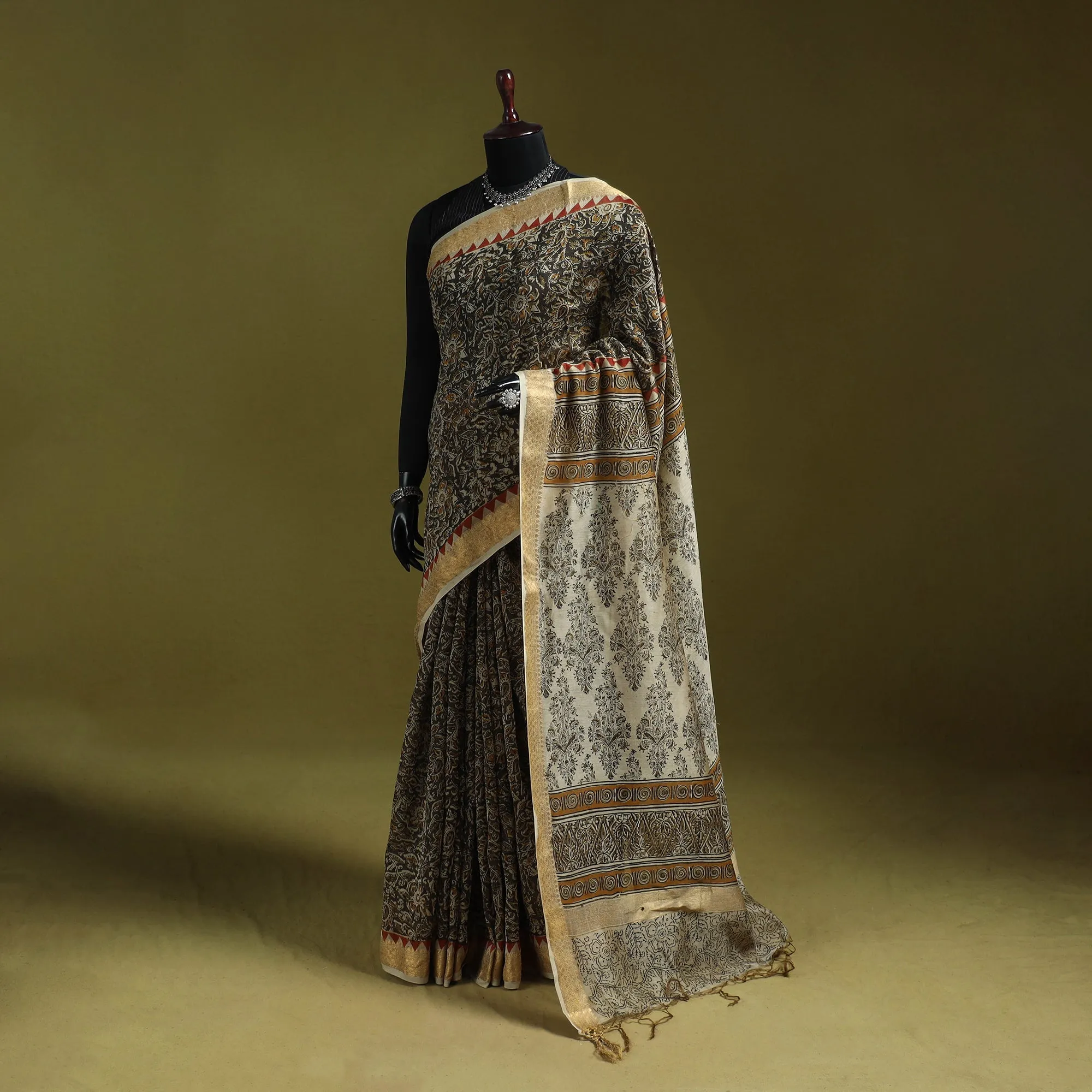 Multicolor - Natural Dyed Pedana Block Print Chanderi Silk Kalamkari Saree 18 sold by Itokri